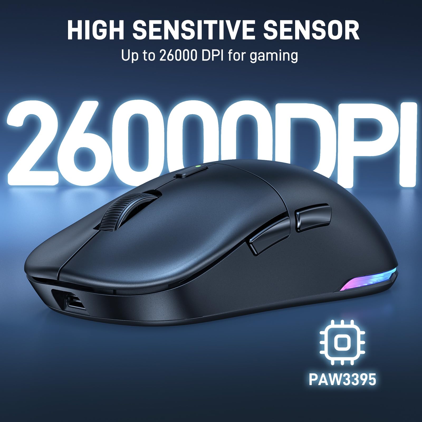 UHURU Wireless Gaming Mouse - 26000 DPI High Precision, RGB Backlit, 70H Battery Life, 2.4GHz & Wired Connection, 6 Programmable Buttons for PC/Mac (Black) - Perfect for FPS, MMO Gaming & Office Work