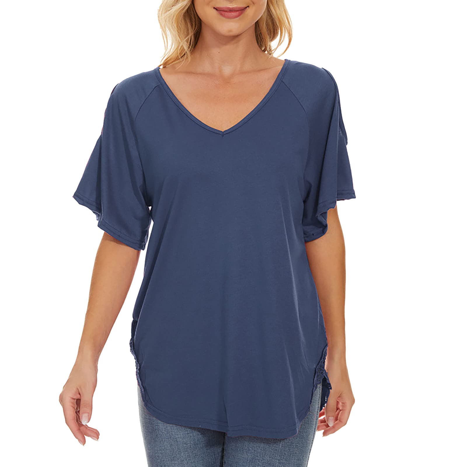 Bohemian Tops for Women - Casual Short Sleeve V-Neck Lace Blouse | Solid Color Regular Fit Shirts | Perfect for Summer Outfits, Beach Vacations & Boho Fashion Styles
