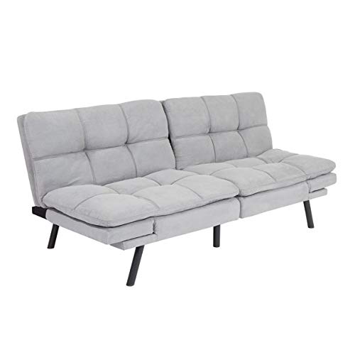 Mainstay Wooden Frame Memory Foam Split Seat & Back Futon Sofa Bed - Gray Suede Fabric - Christmas Bundle - Perfect for Small Spaces, Guest Rooms & Holiday Gatherings