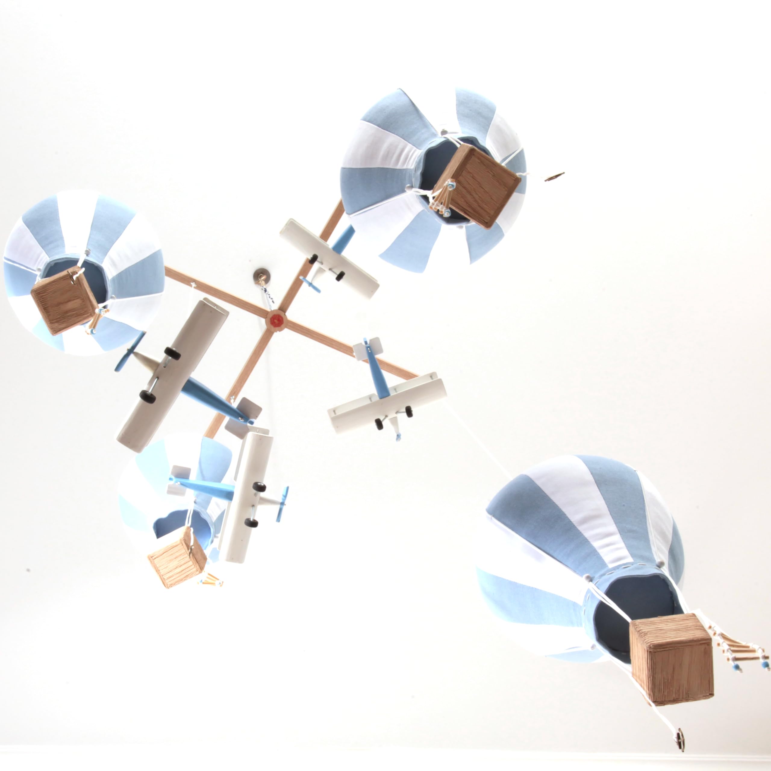 Hot Air Balloon Airplane Mobile - Baby Blue & Sky Blue Ceiling Decor, Large Textile Balloons with Wooden Airplane, Travel-Themed Nursery Hanging Decor for Kids | Perfect for Baby Showers, Children's Rooms & Unique Gift Ideas