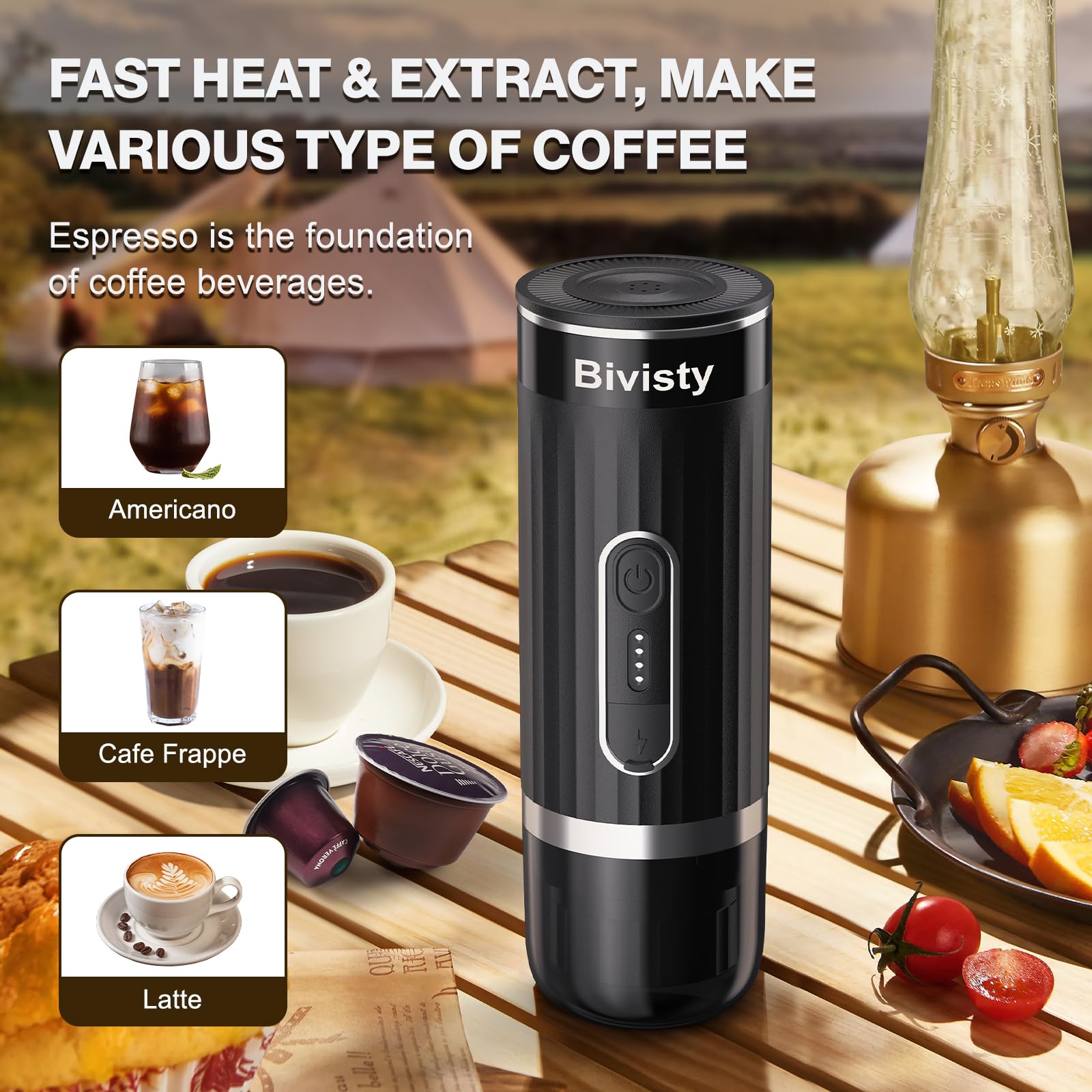 Portable Electric Espresso Maker with USB-C - Self-Heating Travel & Camping Coffee Machine - Compatible with Nespresso & Dolce Gusto Ground Coffee - Perfect for RV, Outdoor Adventures, Office & Home Use (Black)