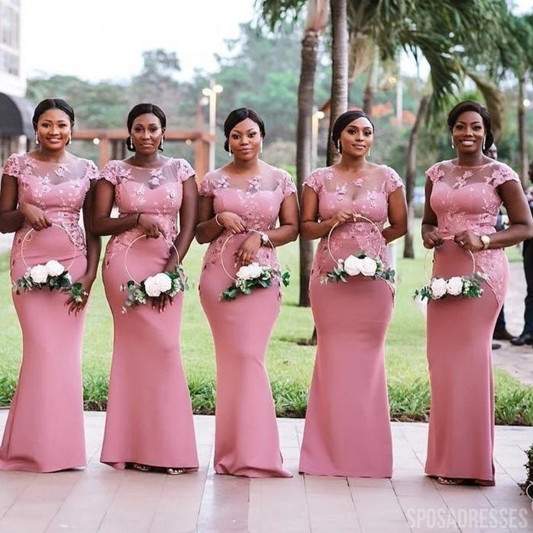 Elegant Mermaid Pink Cap Sleeves Illusion Floral Bridesmaid Dresses Gown - WG993 | Perfect for Weddings, Proms & Formal Events
