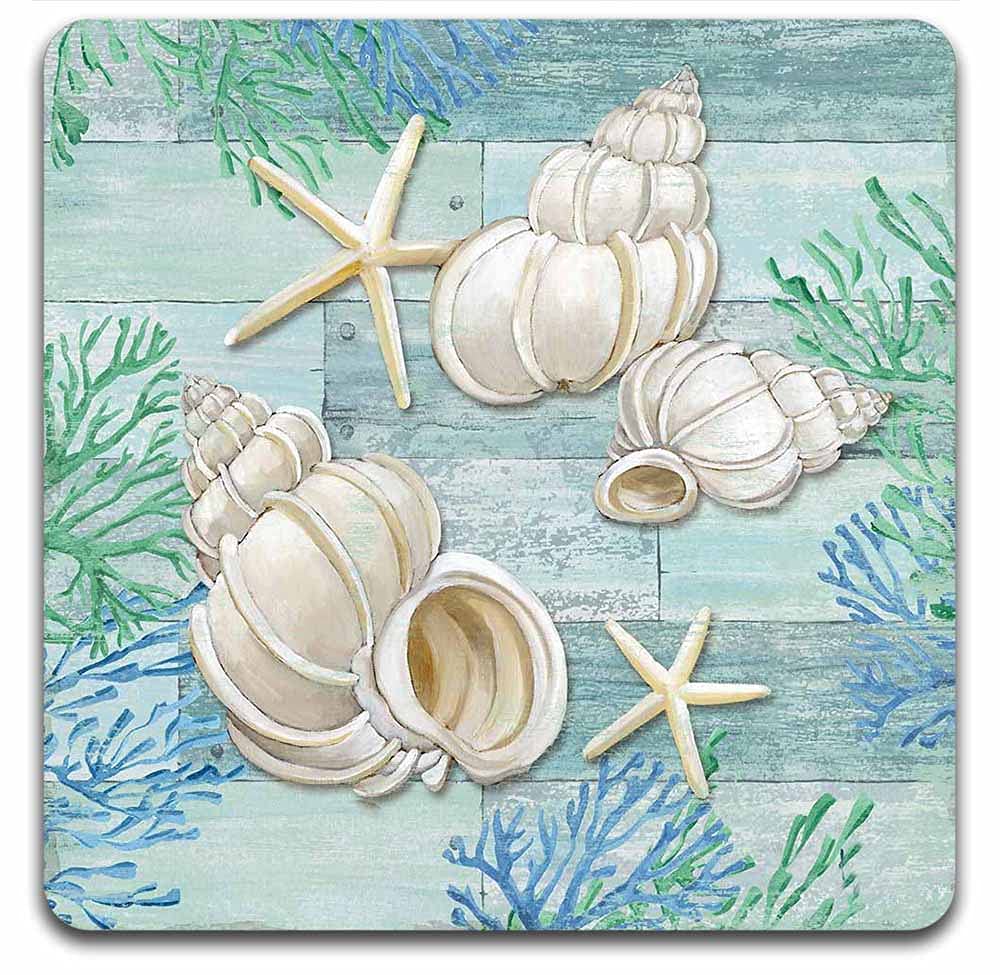 Eco-Friendly Conch Shell Square Coaster Set - 4-Piece Polyester Fabric & Recycled Rubber Drink Coasters for Home, Bar, and Office Use