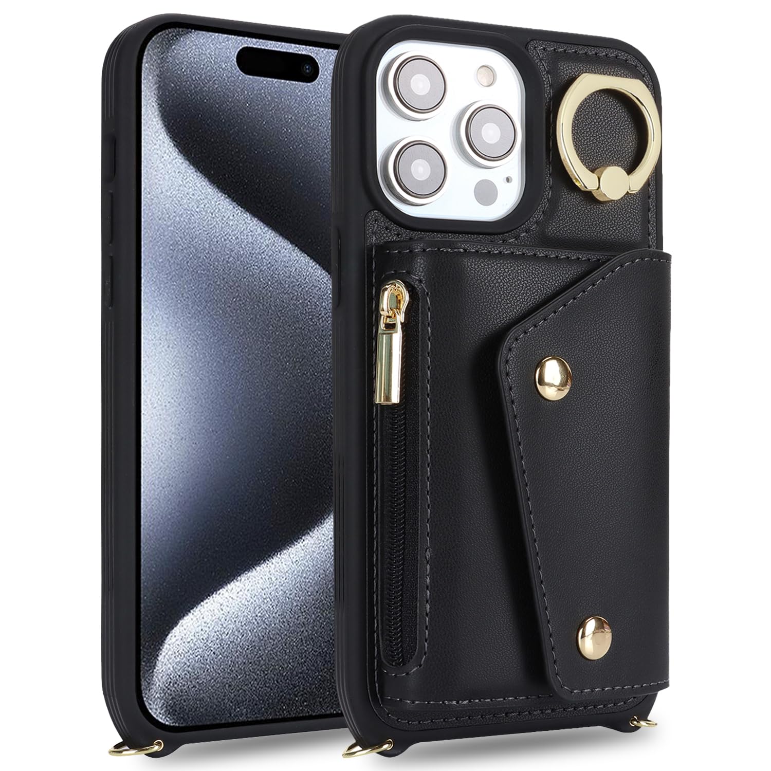 Premium iPhone 15 Pro Case with Card Holder & Crossbody Strap - 6.1 Inch Wallet Phone Case Featuring Zipper Pocket, Stand Ring & Credit Card Slots (Black) - Perfect for Women's Daily Use, Travel, Shopping & Hands-Free Convenience
