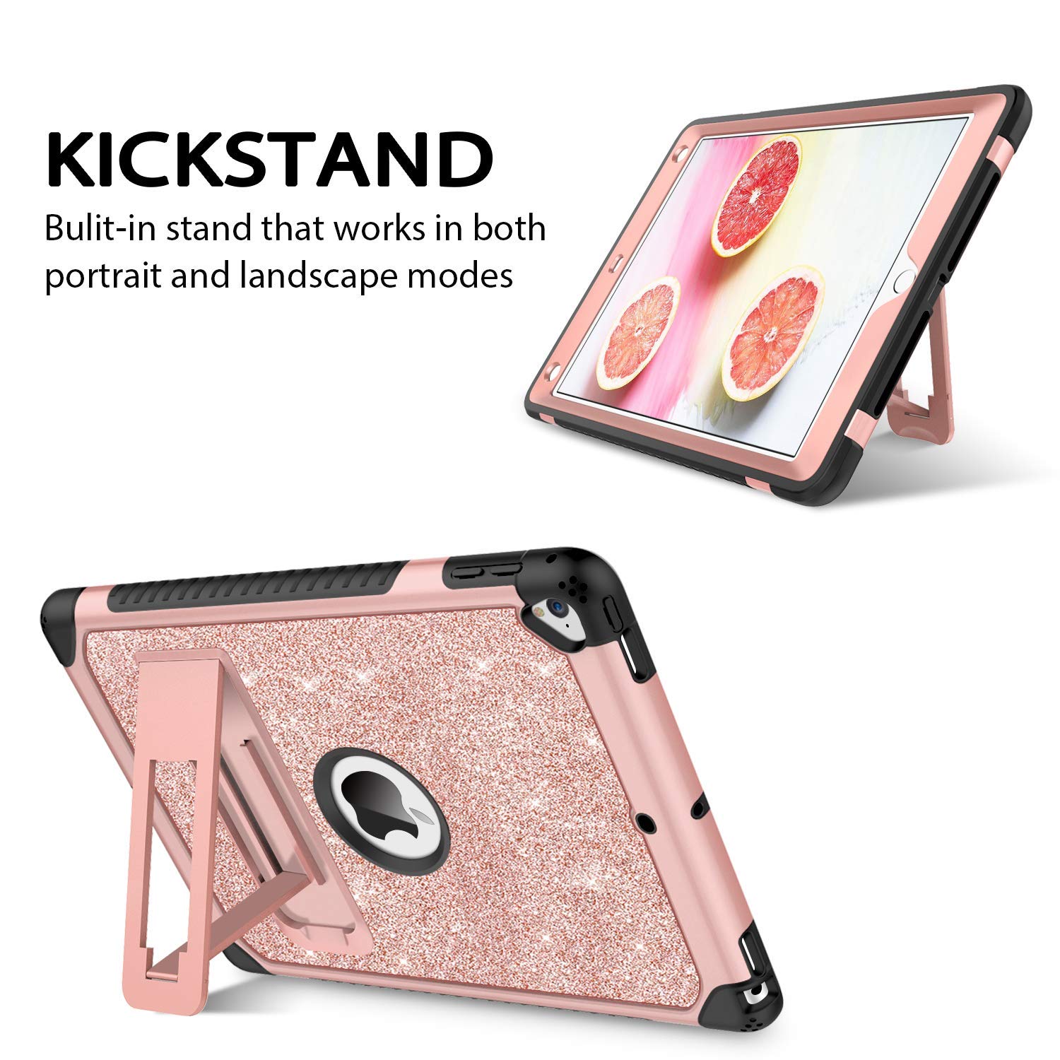 DUEDUE Shockproof iPad Case - Compatible with iPad 9.7 (2017/2018), iPad Air 2, iPad 6th/5th Gen & iPad Pro 9.7 | 3-in-1 Heavy Duty Hard PC Cover with Kickstand & Glitter Bling Design (Pink) - Perfect for Work, School & Travel Protection