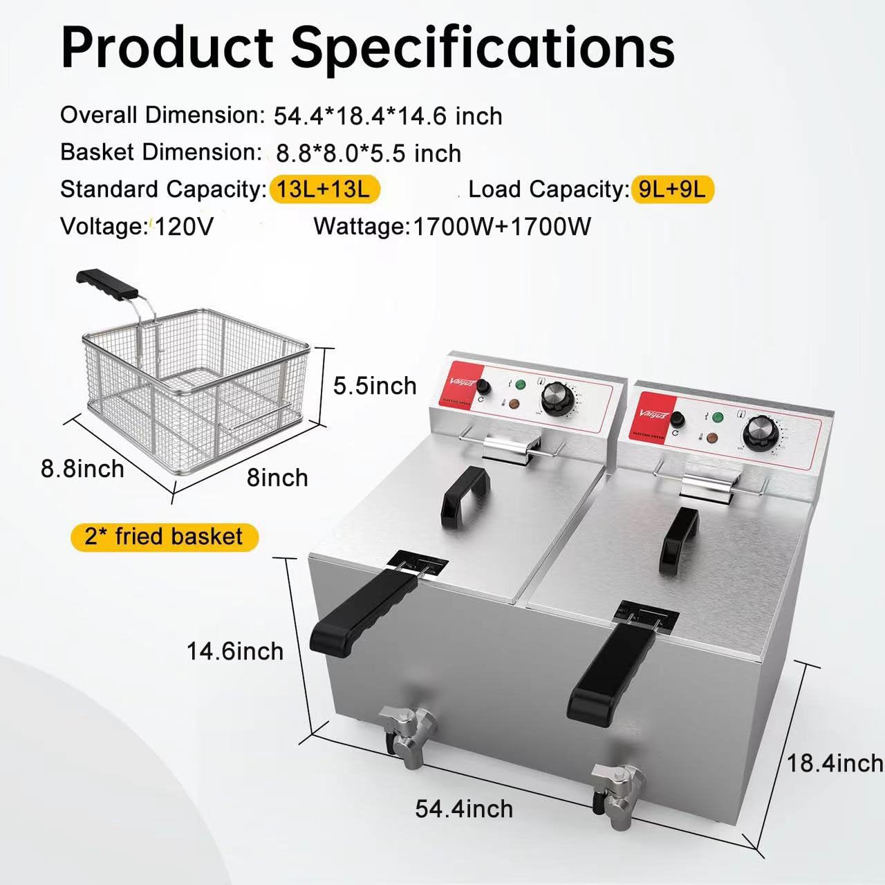 Valgus Dual Tank Commercial Deep Fryer - 1700W Electric 26L Large Capacity Stainless Steel Countertop Fryer with Basket, Lid & Drain System - Perfect for Home Kitchens, Restaurants & Catering Businesses - Ideal for Frying Chicken, Fish, French Fries & More