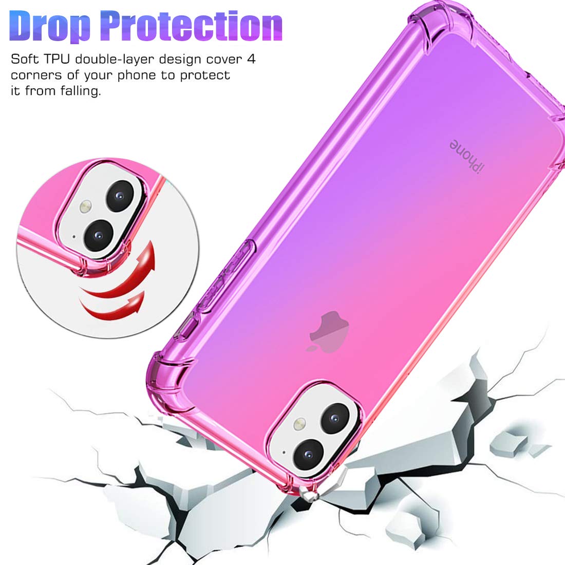 Gradient Slim Clear TPU Shockproof Case for iPhone 11 - Cute Pink Purple Anti-Scratch Soft Cover | Perfect for Everyday Protection & Style