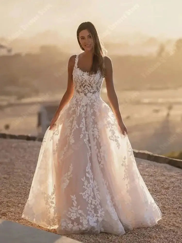 Sparkling Square Neck Sleeveless Tulle Wedding Dress for Women - Elegant Bridal Gown for Beach, Garden & Church Ceremonies