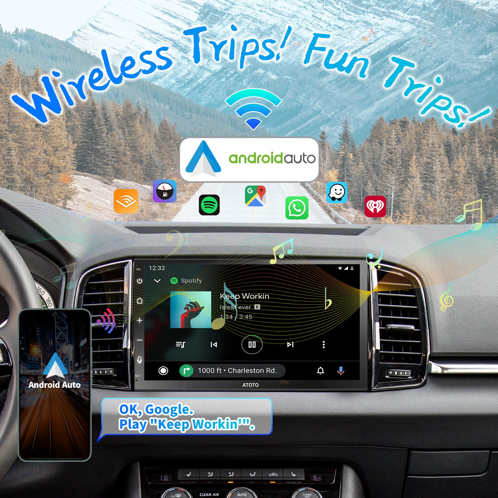 ATOTO F7WE 7-Inch Wireless CarPlay & Android Auto Double DIN Car Stereo with Touchscreen, Bluetooth, AM/FM, HD Radio, Voice Control - Perfect for Road Trips & Daily Commuting