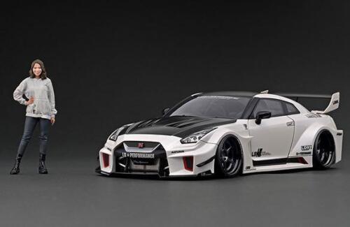 1:18 Scale Nissan Skyline GT-R R35 LB Works Silhouette Model Car - White with Ms. Kato Figure - Collectible Die-Cast Replica for Car Enthusiasts & Display - Perfect for Home Office Decor, Gift for Anime Fans & Model Car Collectors
