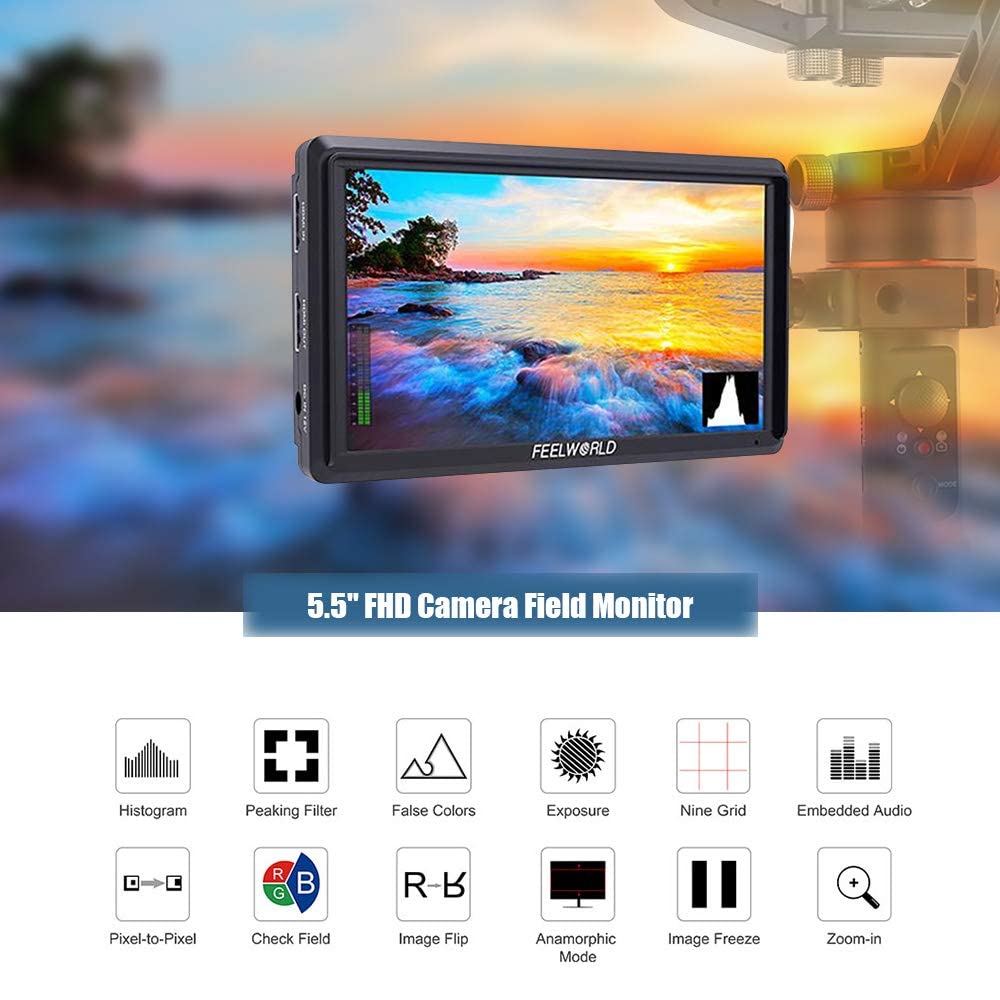 FEELWORLD FW568 5.5 Inch 4K DSLR Camera Field Monitor - IPS Full HD 1920x1080 HDMI Input/Output with Tilt Arm, Battery & Charger - Perfect for Outdoor Photography, Videography & Film Production