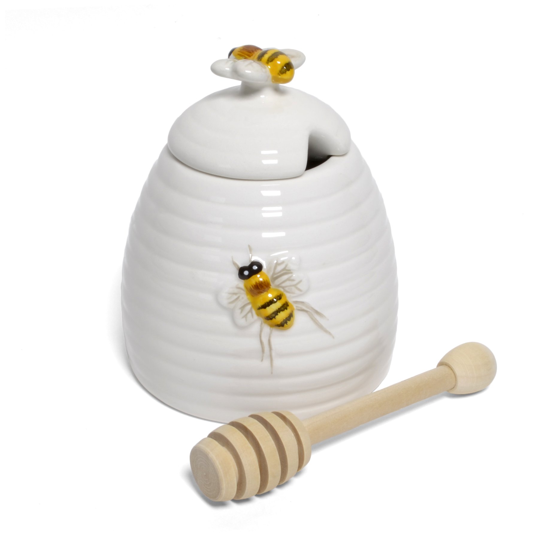 Mary Lake-Thompson Ceramic Beehive Honey Pot with Dipper - Elegant Honey Storage Jar with Wooden Dipper for Tea, Coffee & Breakfast - Perfect for Kitchen, Dining Table & Gift Giving