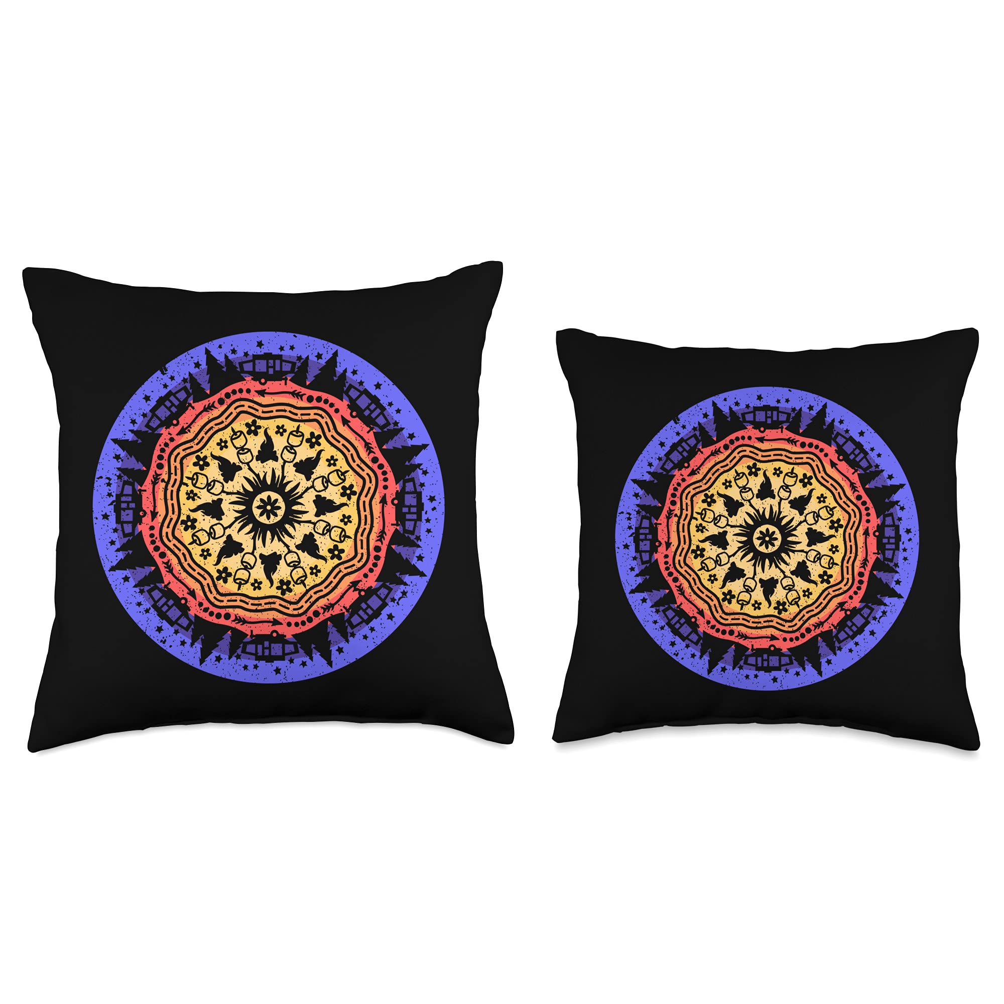 Night Sky Campfire Marshmallows Forest Pop Up Camper Mandala Throw Pillow - Cozy Outdoor Camping Decor for RV, Tent & Home
