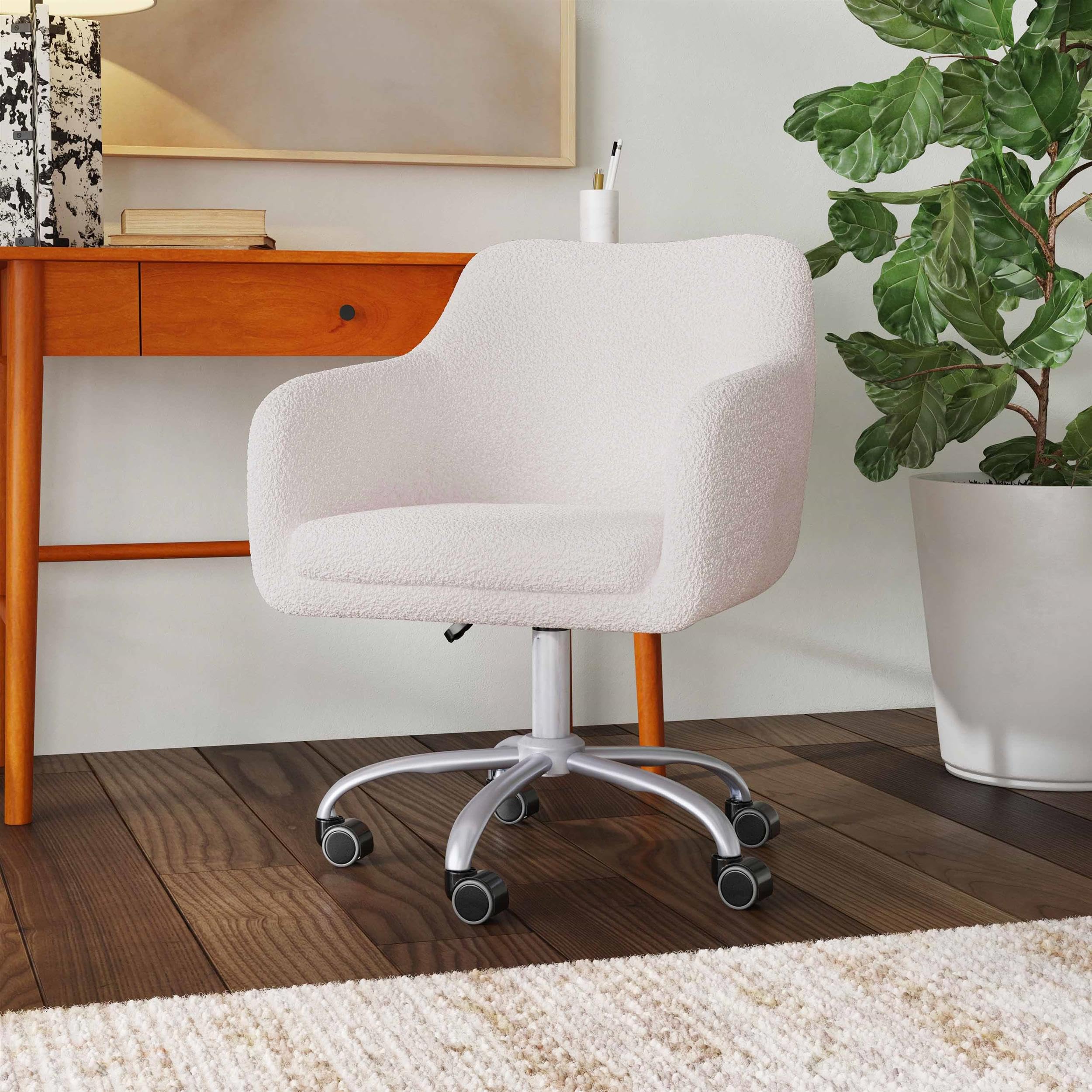 Linon Colton Adjustable Upholstered Office Chair with Wheels - Ergonomic Desk Chair with Lumbar Support, Swivel & Tilt Function - Natural Sherpa Fabric for Home Office, Gaming & Workspace Comfort