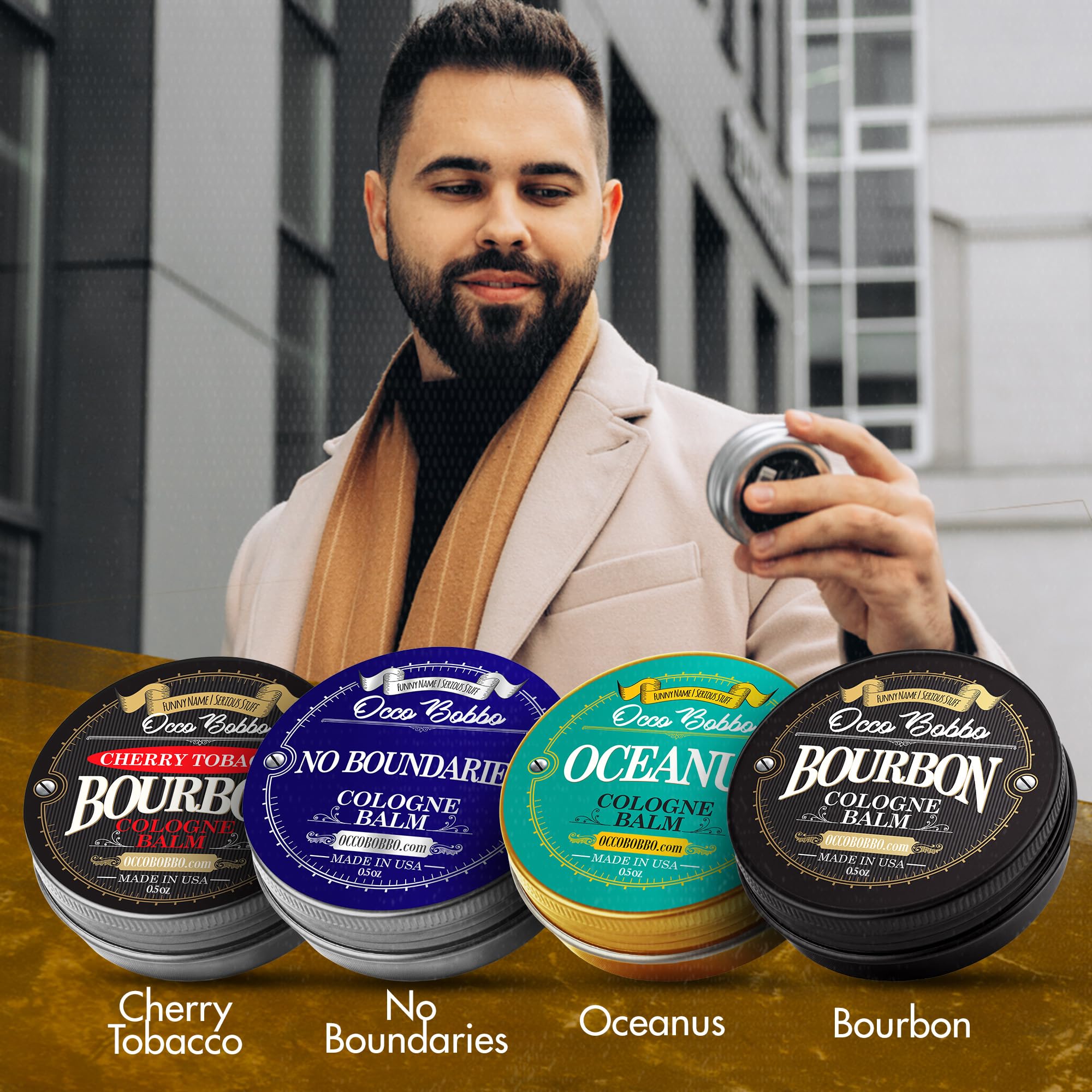 Occo Bobbo Solid Cologne for Men Samples Set - 4 Travel Size .5 oz Tins - Perfect Gift Set for Men | Great for Travel, Gym, Office & Everyday Use
