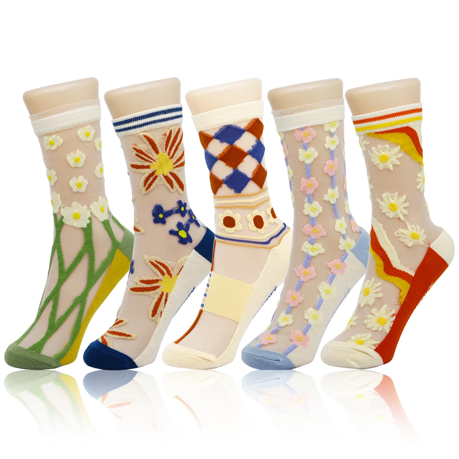 Women's Sheer Socks - 5 Pairs Summer Transparent Thin Mesh Lace Jacquard Crystal Glass Socks for Casual, Office & Party Wear - Breathable & Elegant Footwear