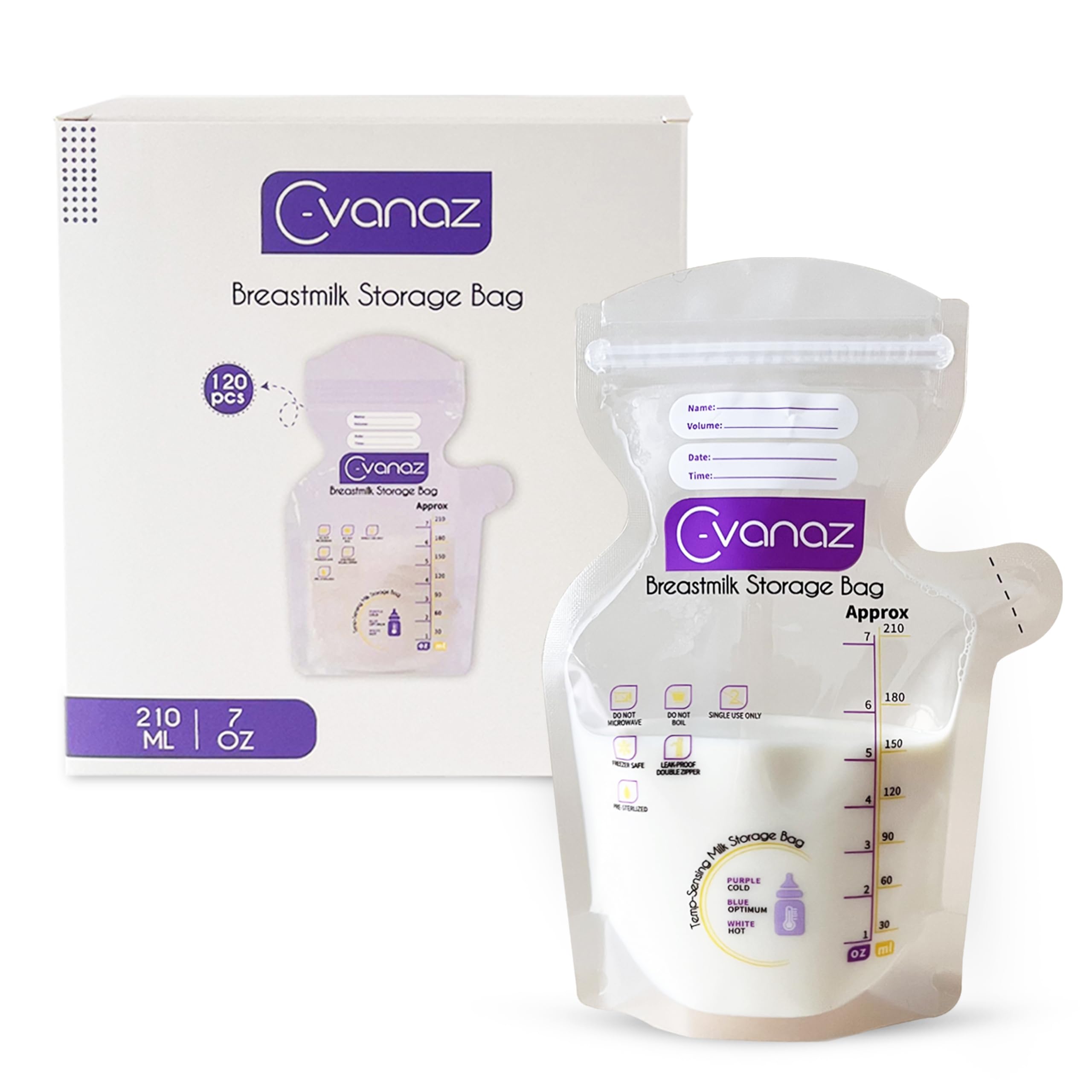 120 Count Breastmilk Storage Bags - 7Oz/210ml Leakproof Freezer Bags with Temperature Indicator | Self-Standing, Pre-Sterilized & Extra Thick for Easy Pouring | Ideal for Nursing Moms, Travel & Long-Term Milk Storage
