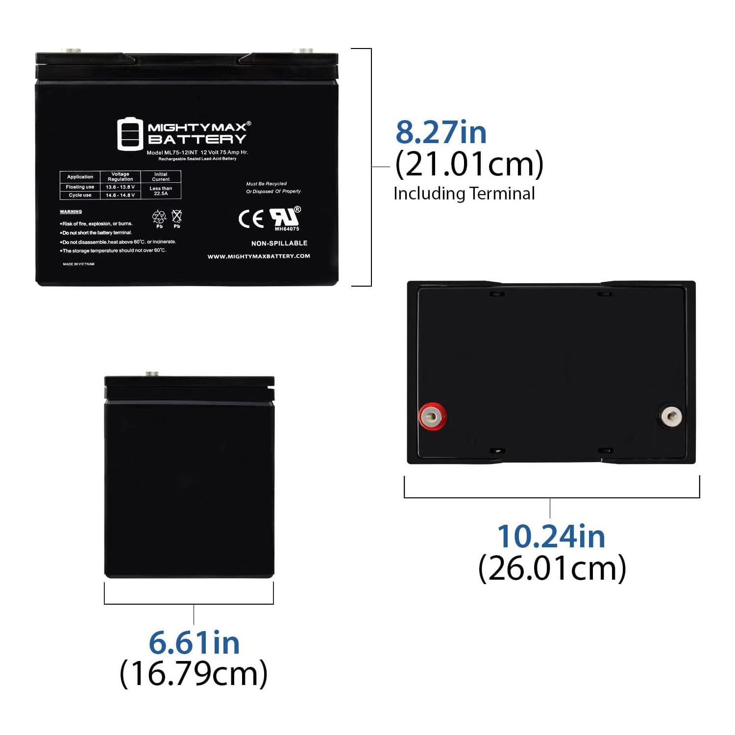 Mighty Max Battery ML75-12INT - 12V 75AH Rechargeable SLA AGM Battery with Internal Thread Terminals - Perfect for Solar Power Systems, UPS Backup & RV Applications