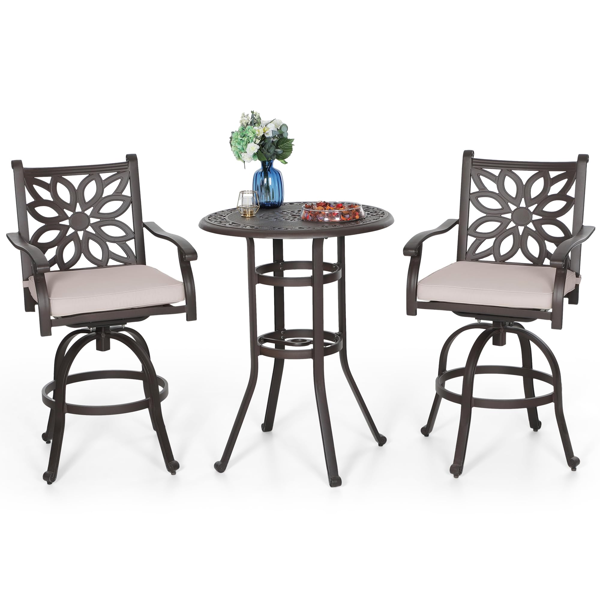PHI VILLA 3-Piece Outdoor Patio Furniture Set - Brown Cast Aluminum High Top Table with Swivel Bar Stools & Cushions - Durable Bistro Pub Set for Garden, Deck, Backyard & Poolside Dining