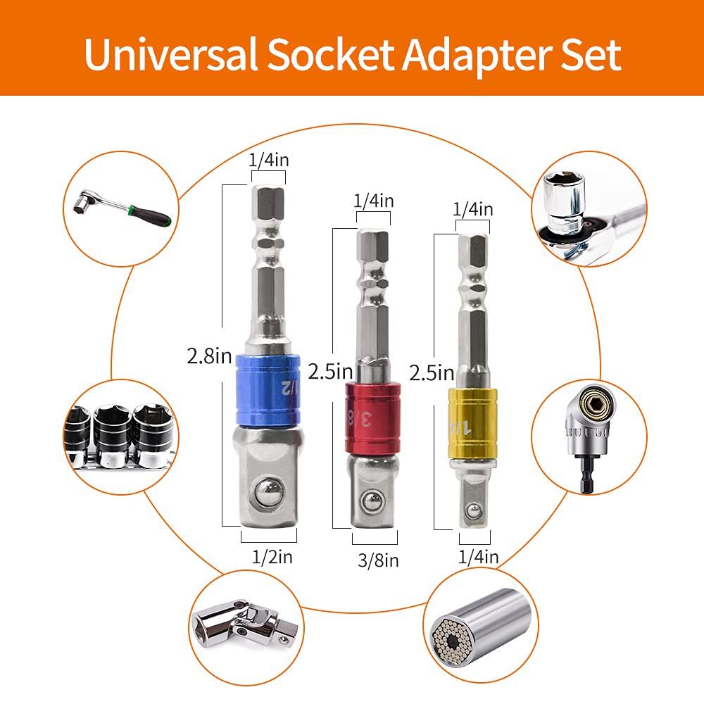 Flexible Drill Bit Extension Set & Universal Socket Adapter Kit - 3pc Bendable Drill Bit Holder, 1/4
