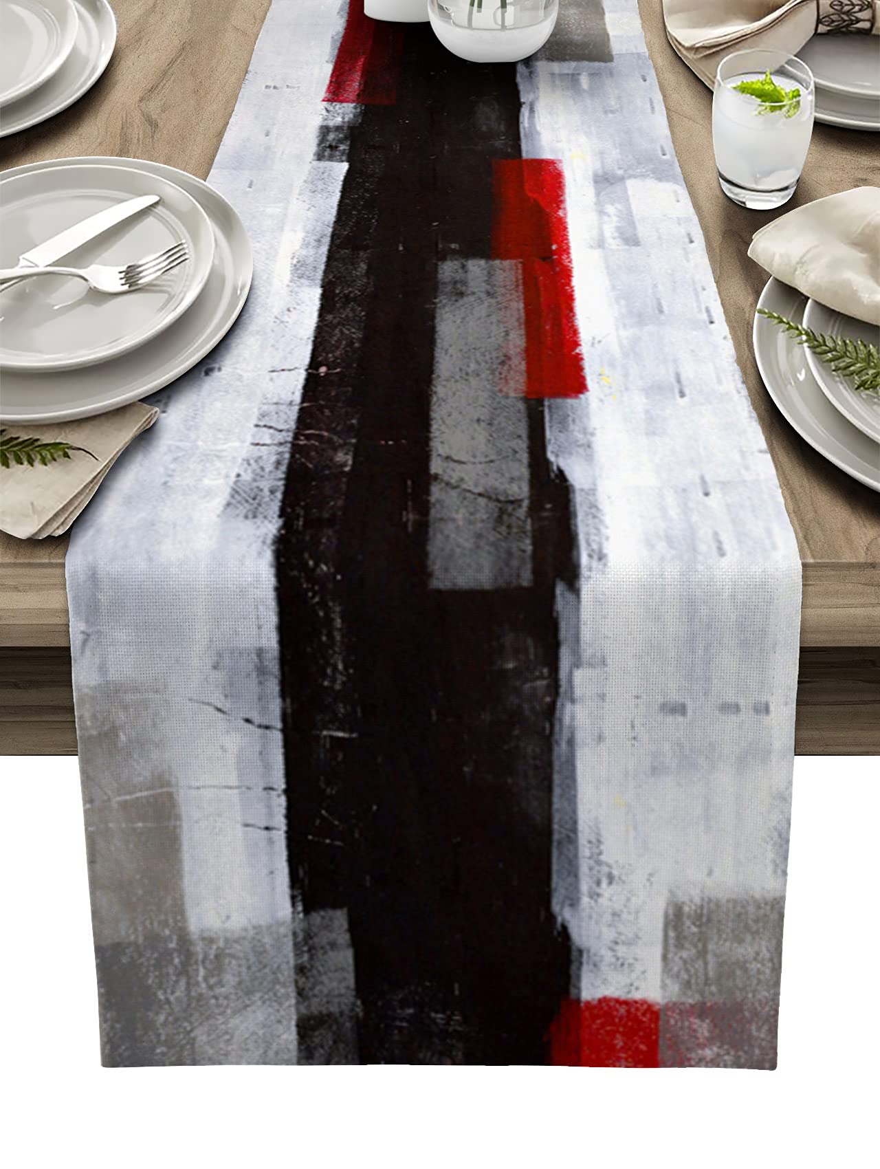 Black and Red Geometric Abstract Burlap Linen Table Runner - 70 Inch Long Farmhouse Decor for Dining Table, Coffee Table, Dresser - Perfect for Kitchen, Party, Banquet and Retro Home Decor