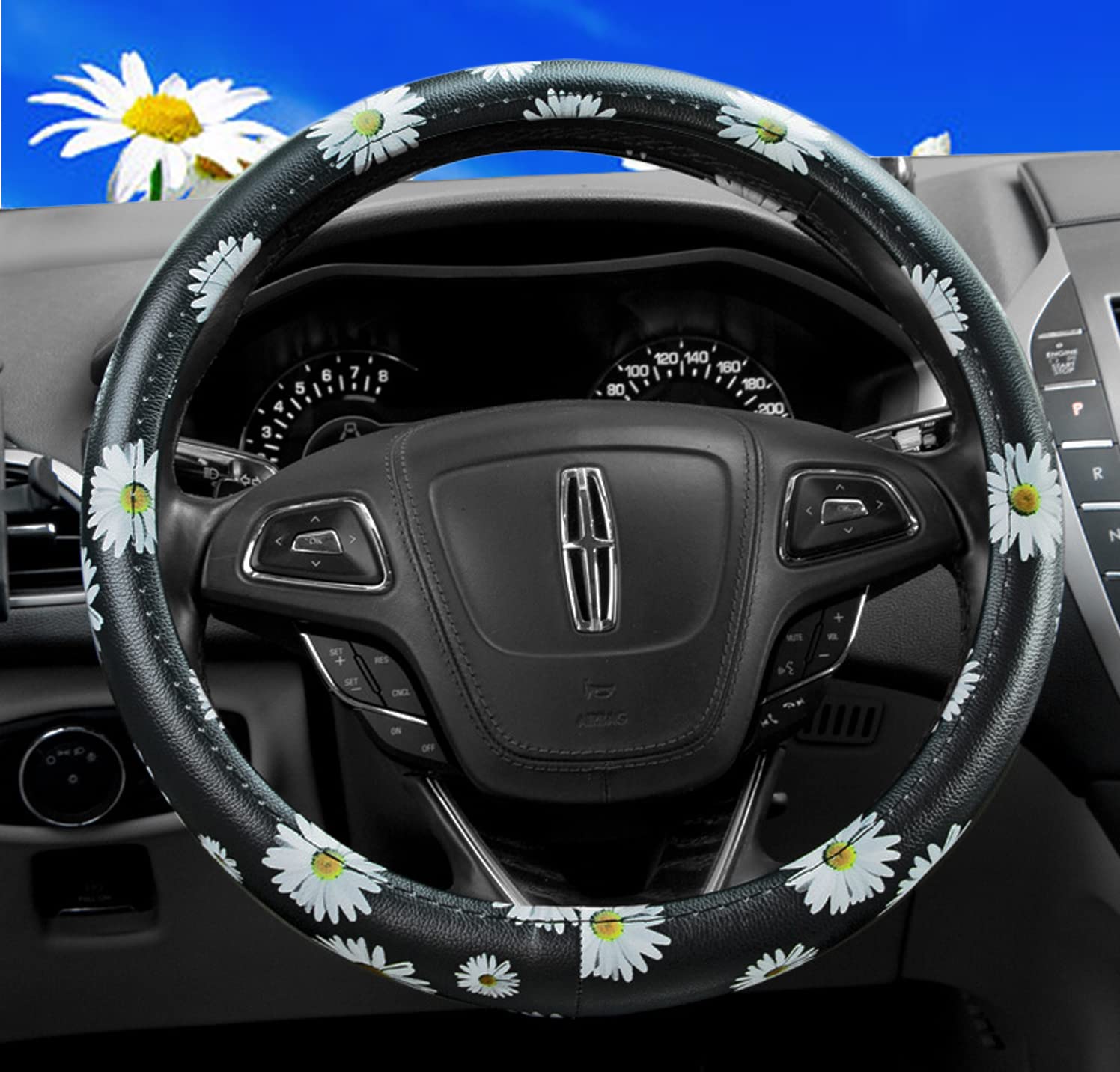 Premium Leather Floral Steering Wheel Cover - Universal Fit 36-38cm, Anti-Slip Car Accessory for Women | Fashionable Black & White Design | Perfect for Daily Commute & Road Trips
