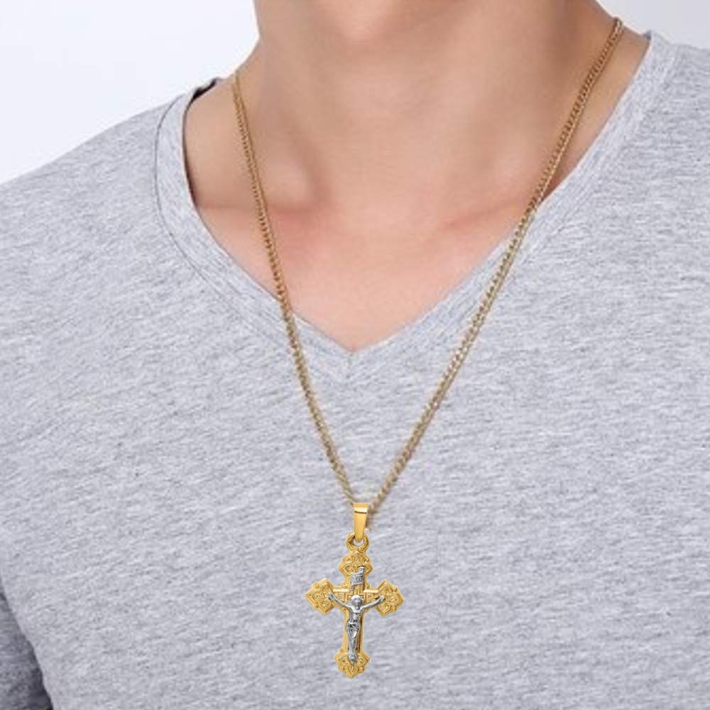 14K Two-Tone Yellow Gold & White Gold INRI Crucifix Pendant Necklace - Elegant Polished Budded Cross Charm for Women & Men - Perfect Religious Jewelry Gift for Baptism, Confirmation & Special Occasions