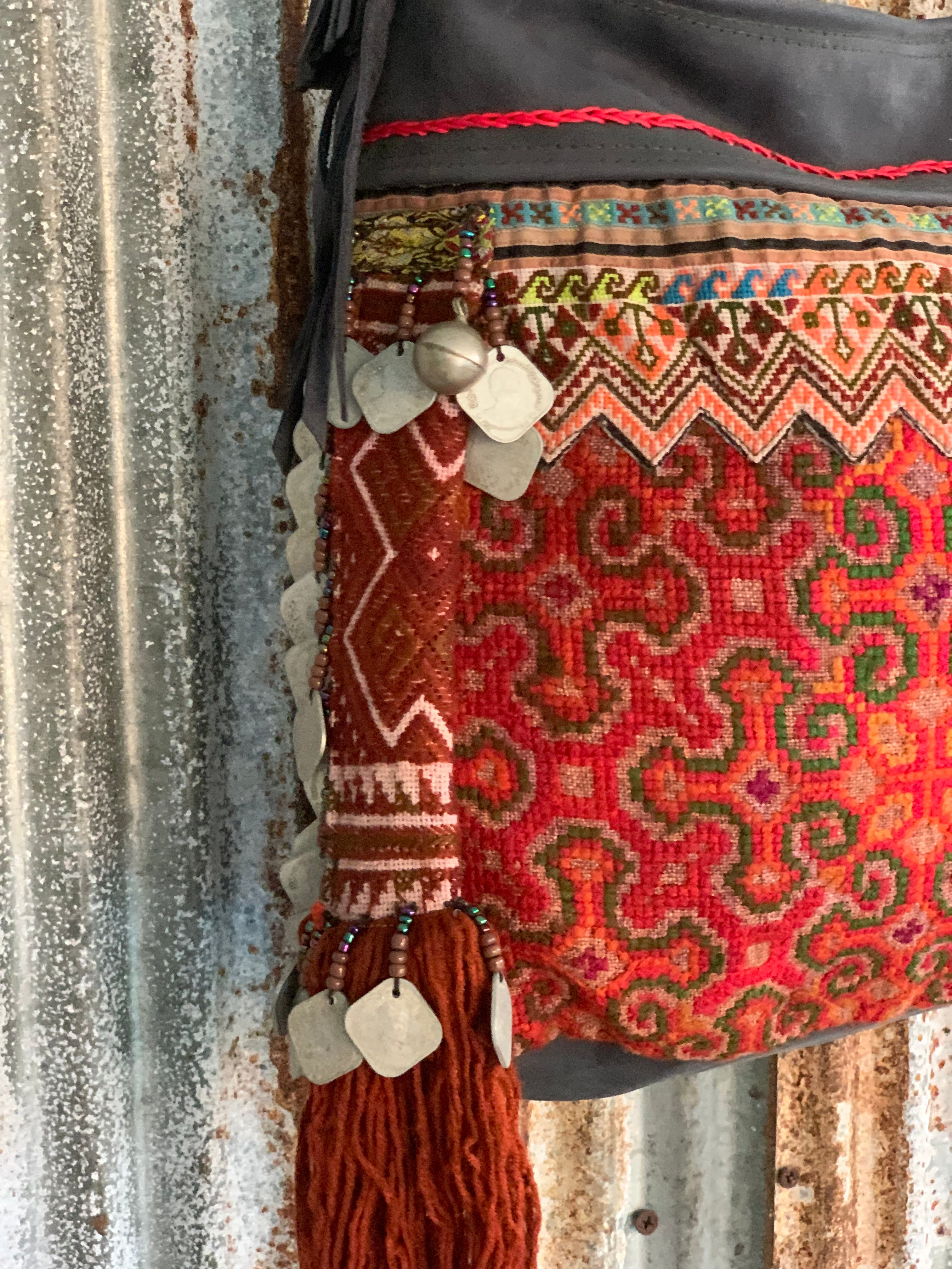 Handmade Chiang Mai Tribal Embroidery Leather Patchwork Crossbody Bag - Boho Chic Purse for Women, Festival & Travel Accessory