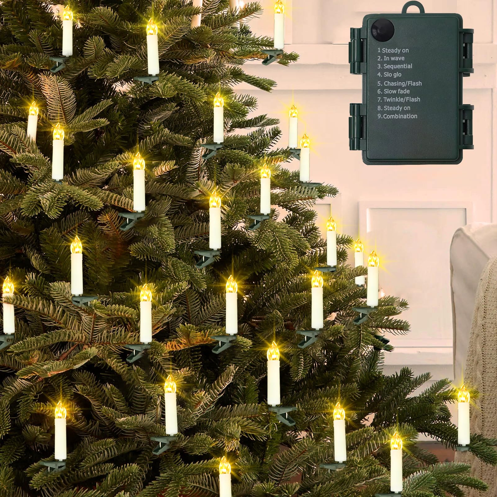 20Ft 30 LED Battery Operated Candle String Lights with Auto Timer & 8 Modes - Flameless Clip-On Fairy Lights for Christmas Tree, Wedding, Garden, Party Decor (Warm White) | Indoor & Outdoor Holiday Decoration, Patio Lighting, Festive Ambiance