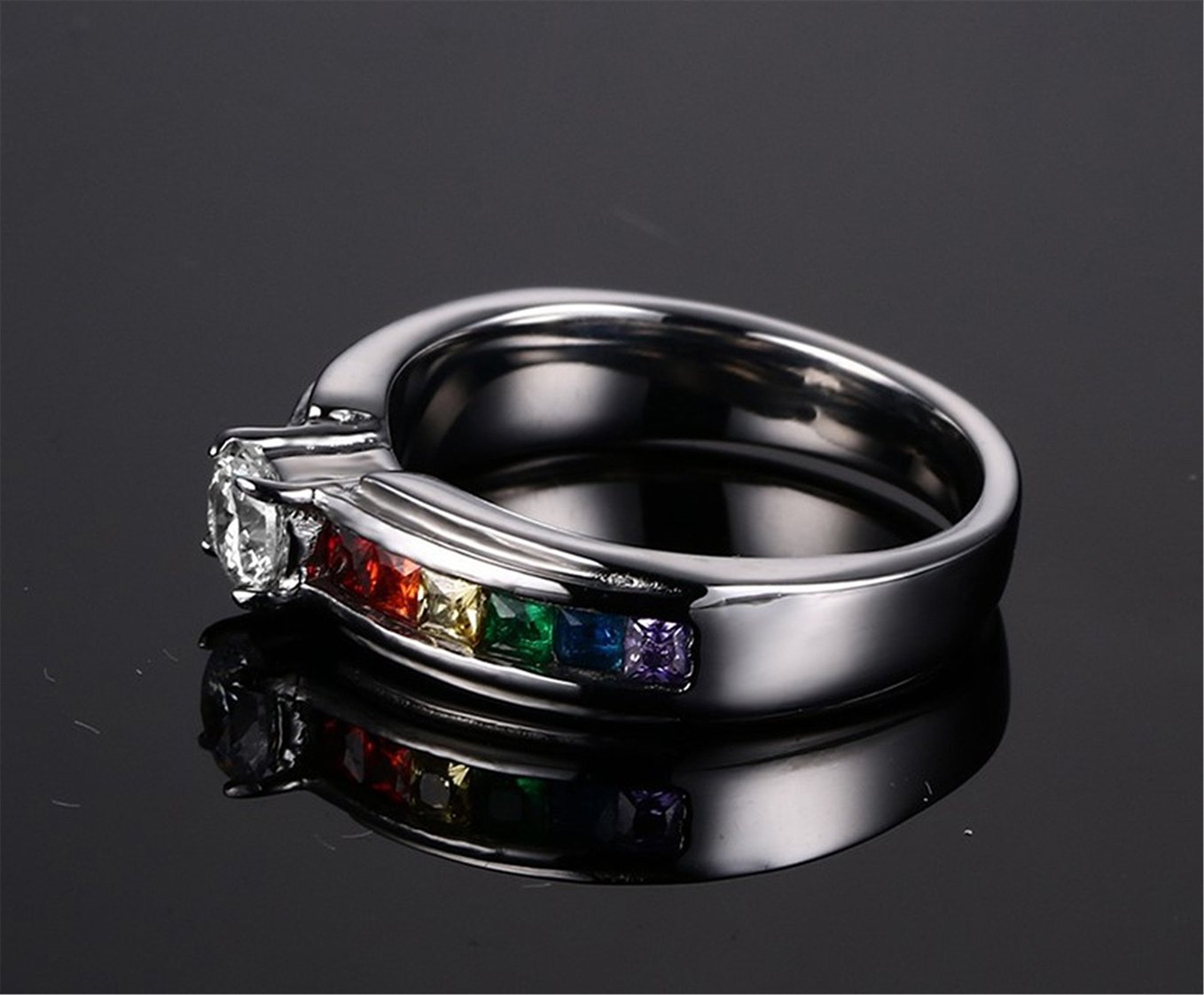 316L Stainless Steel LGBT Pride Rainbow CZ Cubic Zirconia Wedding Engagement Rings for Couples - Perfect for Same-Sex Proposals, Commitment Ceremonies & Anniversary Gifts