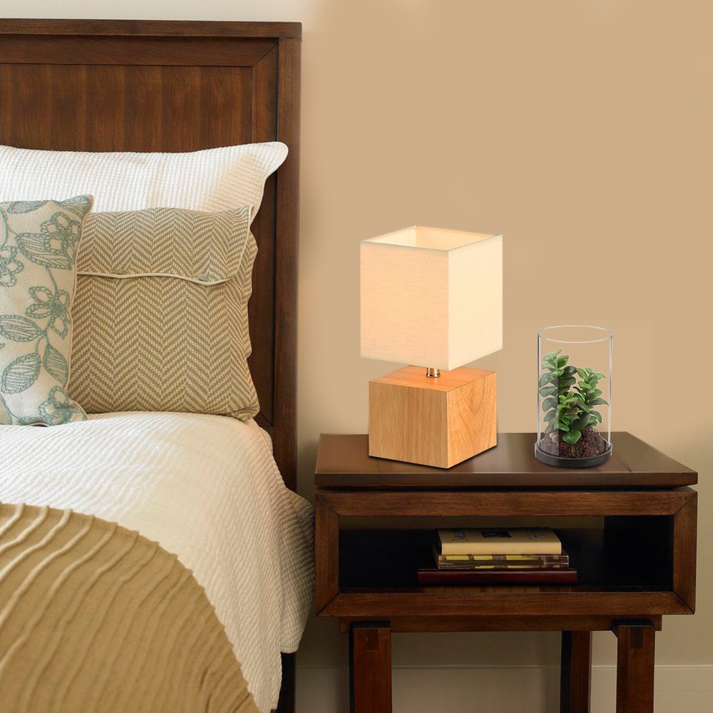 HOMPEN Wood Base Decorative Desk Lamp with Cream Fabric Shade & In-Line Switch - Perfect for Bedroom Nightstand, Office Desk, and Living Room Reading Light