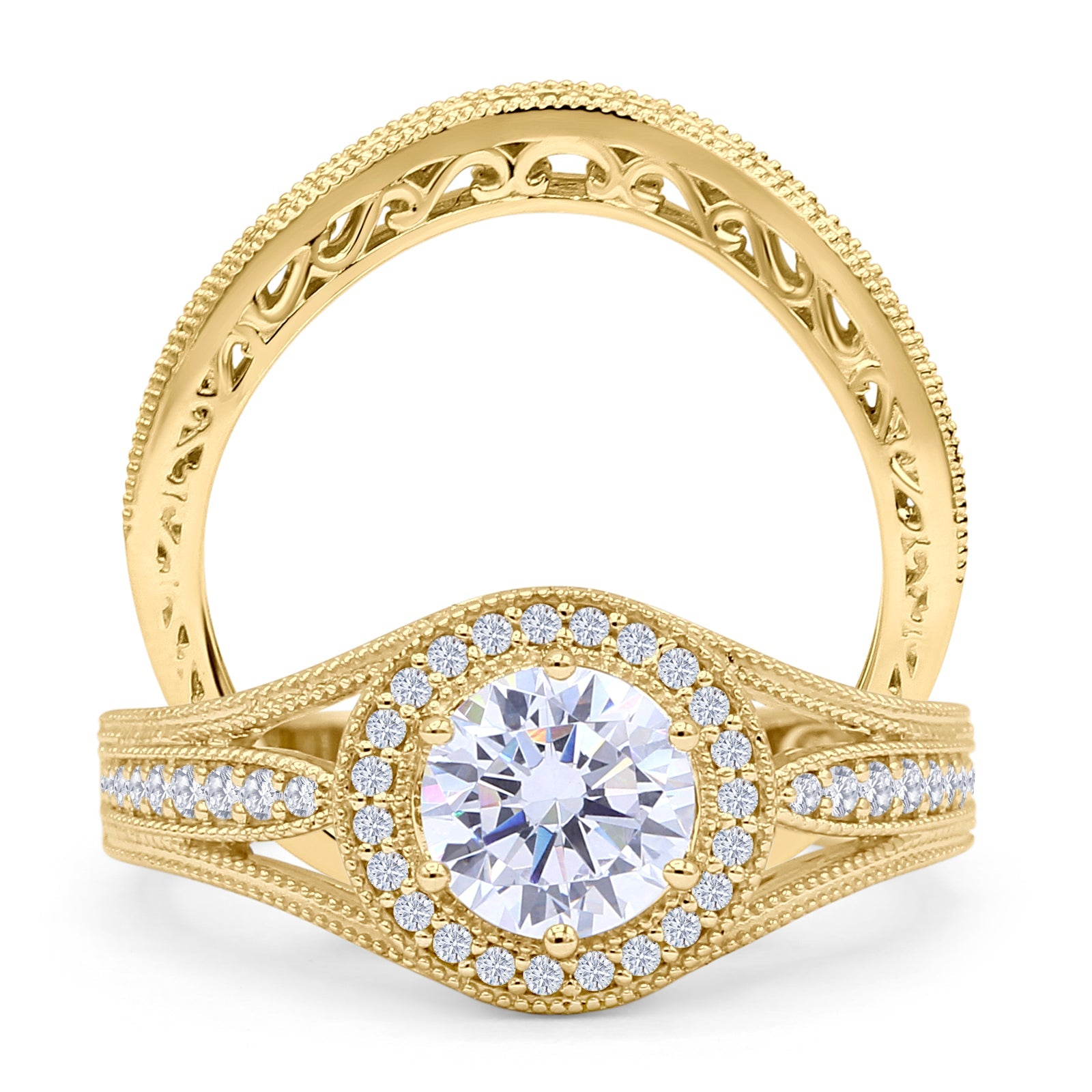14K Yellow Gold Two-Piece Round Halo Split Shank Curved Contour Band Cubic Zirconia Ring for Women - Elegant Wedding, Engagement, Anniversary Jewelry Gift