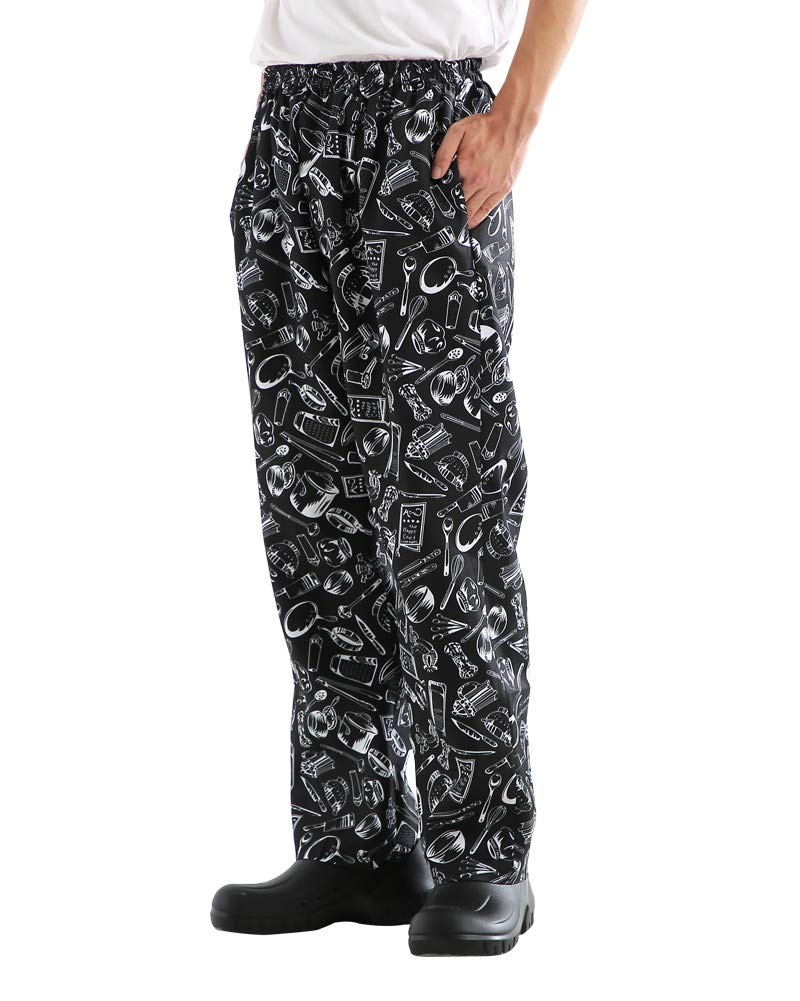 Unisex Baggy Printed Chef Pants - Elastic Waist Floral Restaurant Work Pants for Men & Women - Comfortable Kitchen Uniforms for Cooking, Baking & Professional Culinary Work
