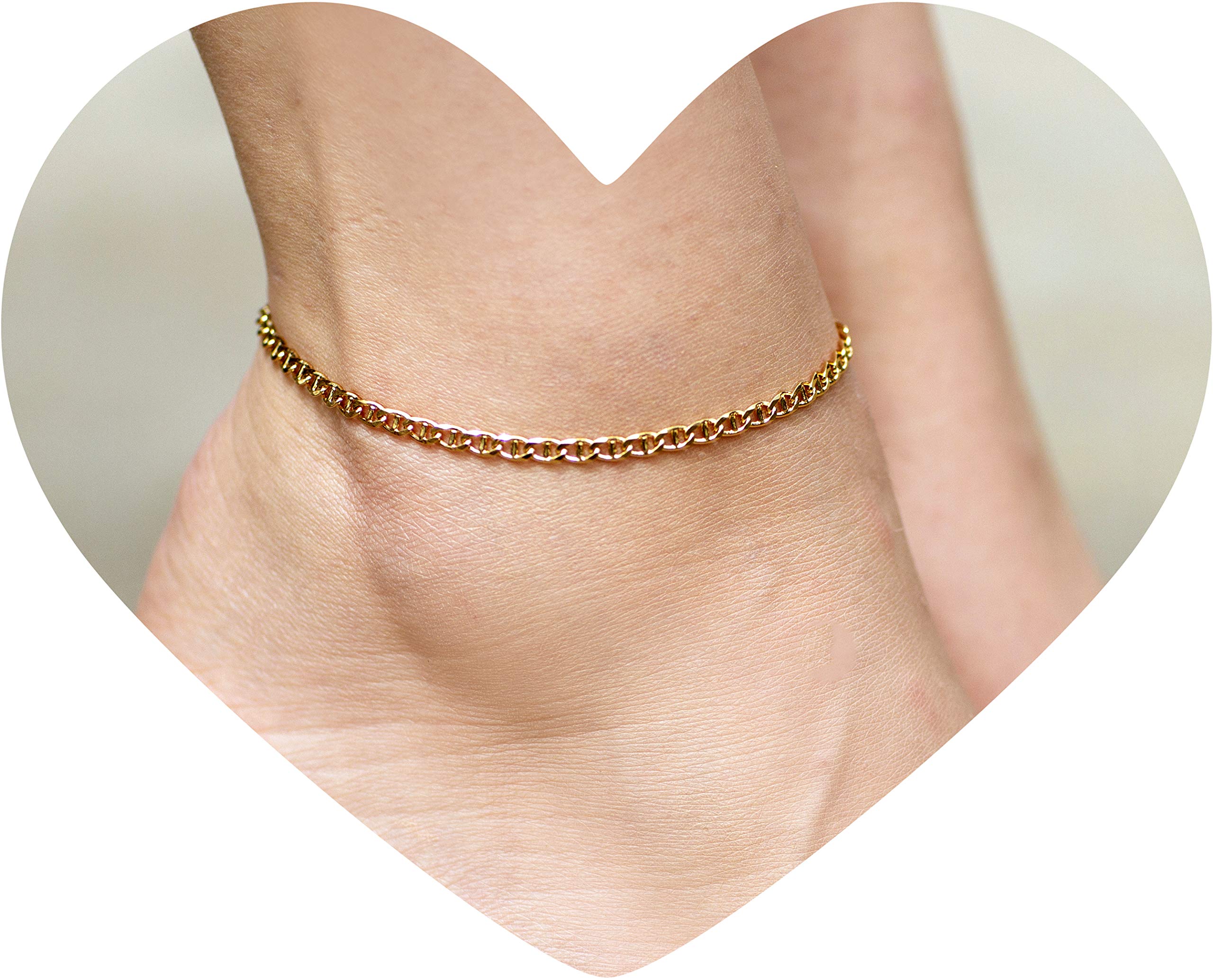 LIFETIME JEWELRY 24K Gold Plated Women's Anklet Bracelet - 3mm Mariner Link Chain Ankle Jewelry for Everyday Wear, Beach Vacation & Special Occasions