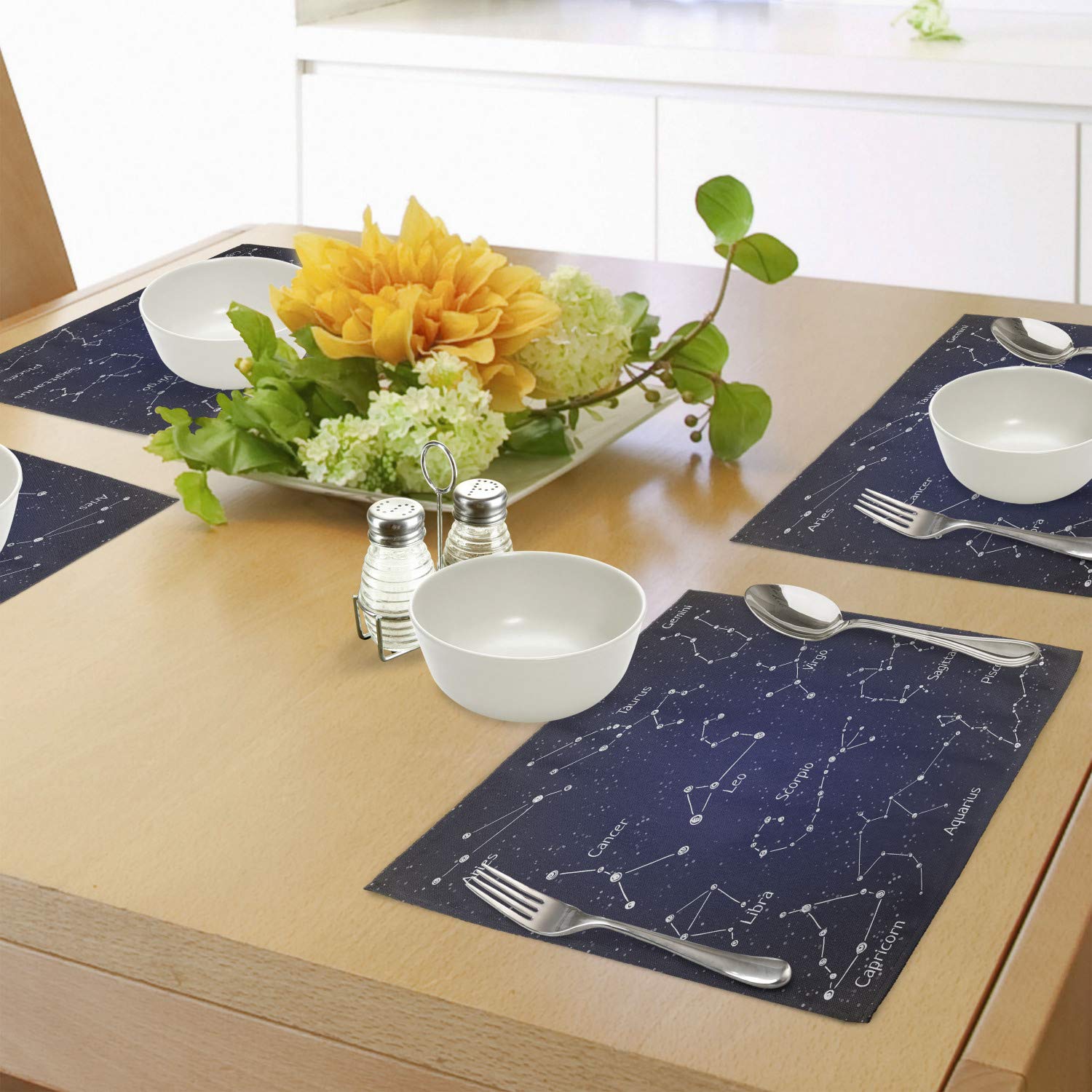 Ambesonne 4-Pack Constellation Placemats Set - Zodiac Star Clusters & Sign Names in Chalk Writing Style - Washable Fabric Table Mats for Dining Room & Kitchen Decor (Blue, Dark Blue, White) - Perfect for Dinner Parties, Holiday Gatherings & Astrology-Themed Decor