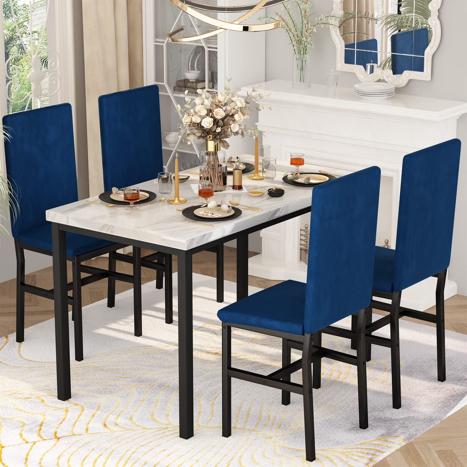 Space Saving 4-Piece Dining Table Set with Faux Marble Tabletop & Blue Velvet Chairs - Modern Kitchen Table and Chairs for Small Spaces, Breakfast Nook, Apartment Dining Room | Perfect for Compact Homes, Studio Apartments and Cozy Kitchen Corners