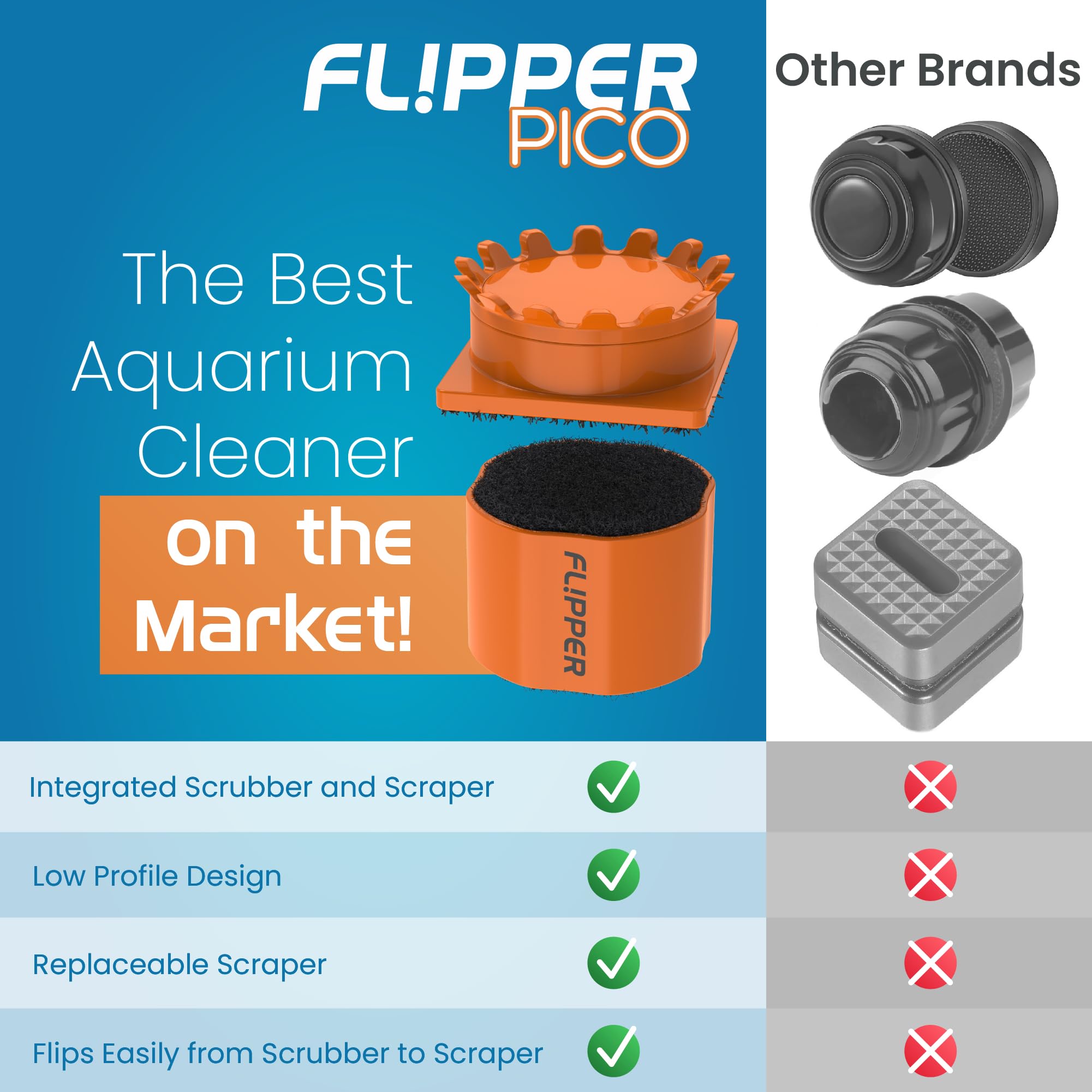 FL!PPER Pico 2-in-1 Magnetic Aquarium Glass Cleaner & Algae Scraper - Orange Fish Tank Cleaning Tool for Freshwater & Saltwater Aquariums - Perfect for Home, Office, and Pet Store Use