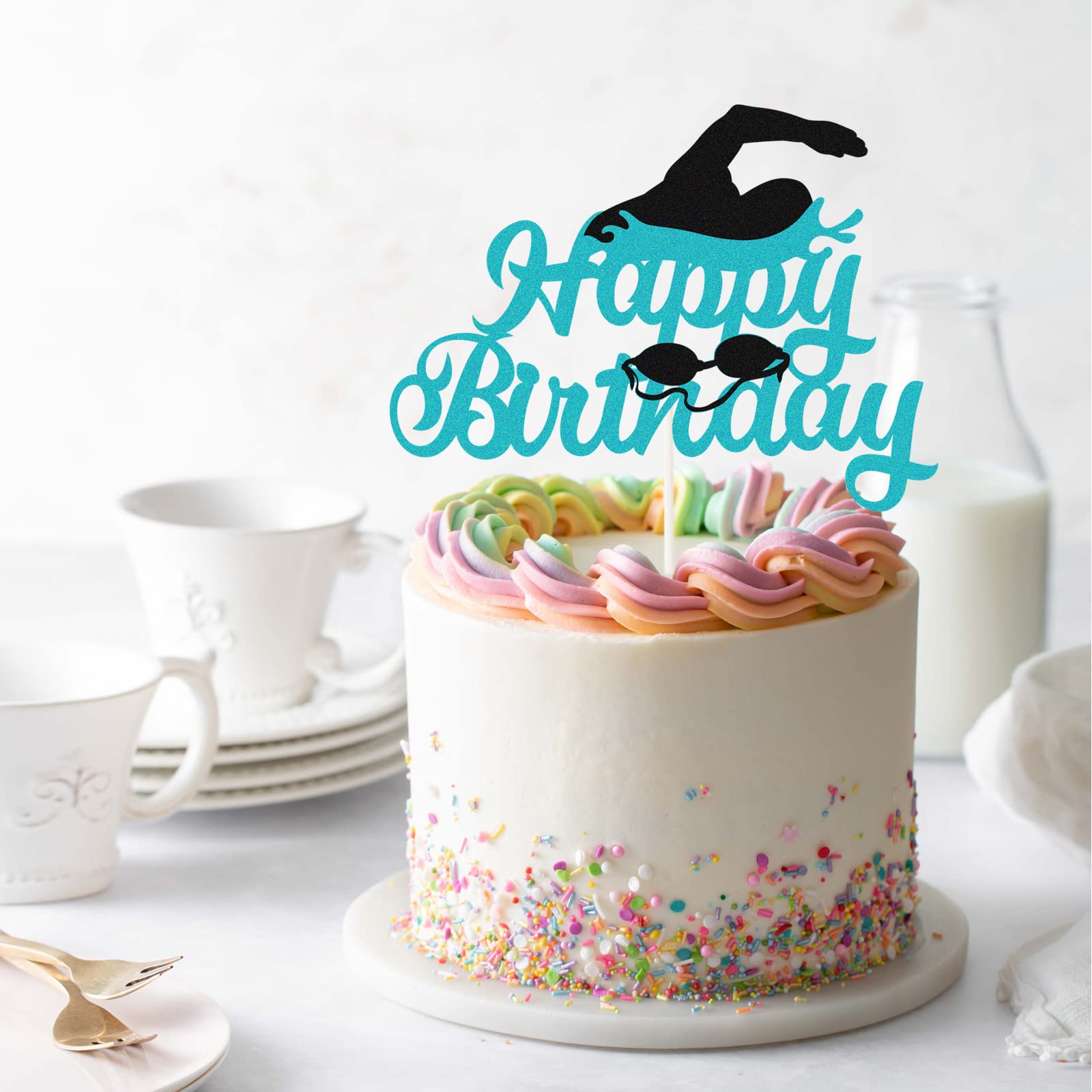 GWING Swimmer Happy Birthday Cake Topper - Blue Glitter Birthday Cake Decor for Summer Pool Party - Swimming Theme Photo Booth Props - Gold Accents - Perfect for Beach Parties & Summer Celebrations