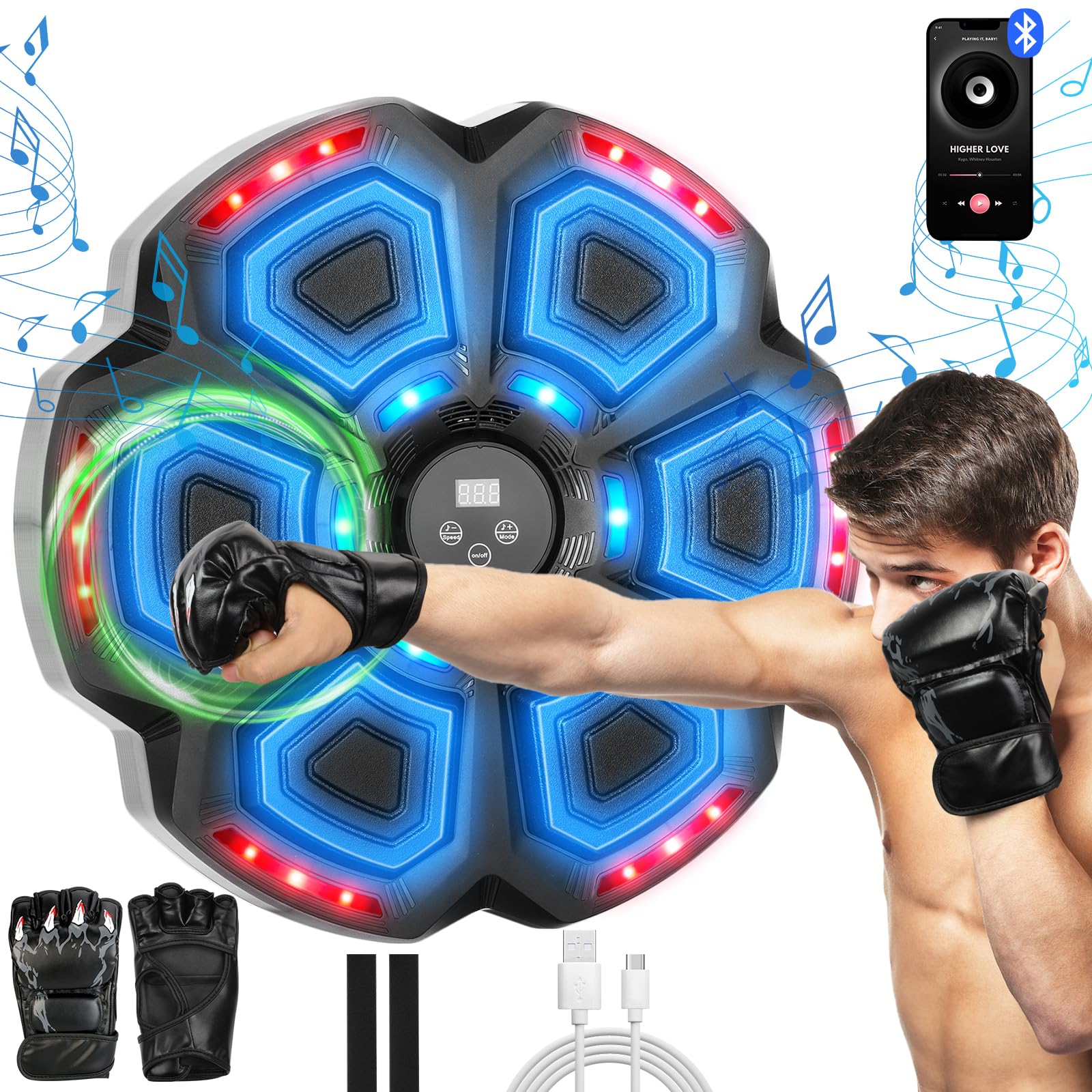 2025 Smart Music Boxing Machine for Adults & Kids - Wall Mounted Punching Bag with Boxing Gloves, 9 Speed Modes - Home Gym Equipment for Indoor Workout & Stress Relief | Perfect for Fitness Training, Boxing Practice & Family Fun