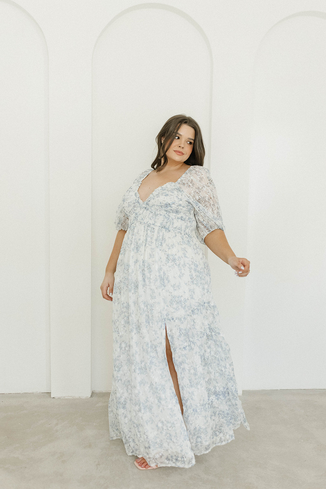Blue and White Floral Daphne High Slit Eyelet Detail Maxi Dress - Plus Size & Inclusive Sizing - Perfect for Summer Weddings, Beach Vacations & Date Nights