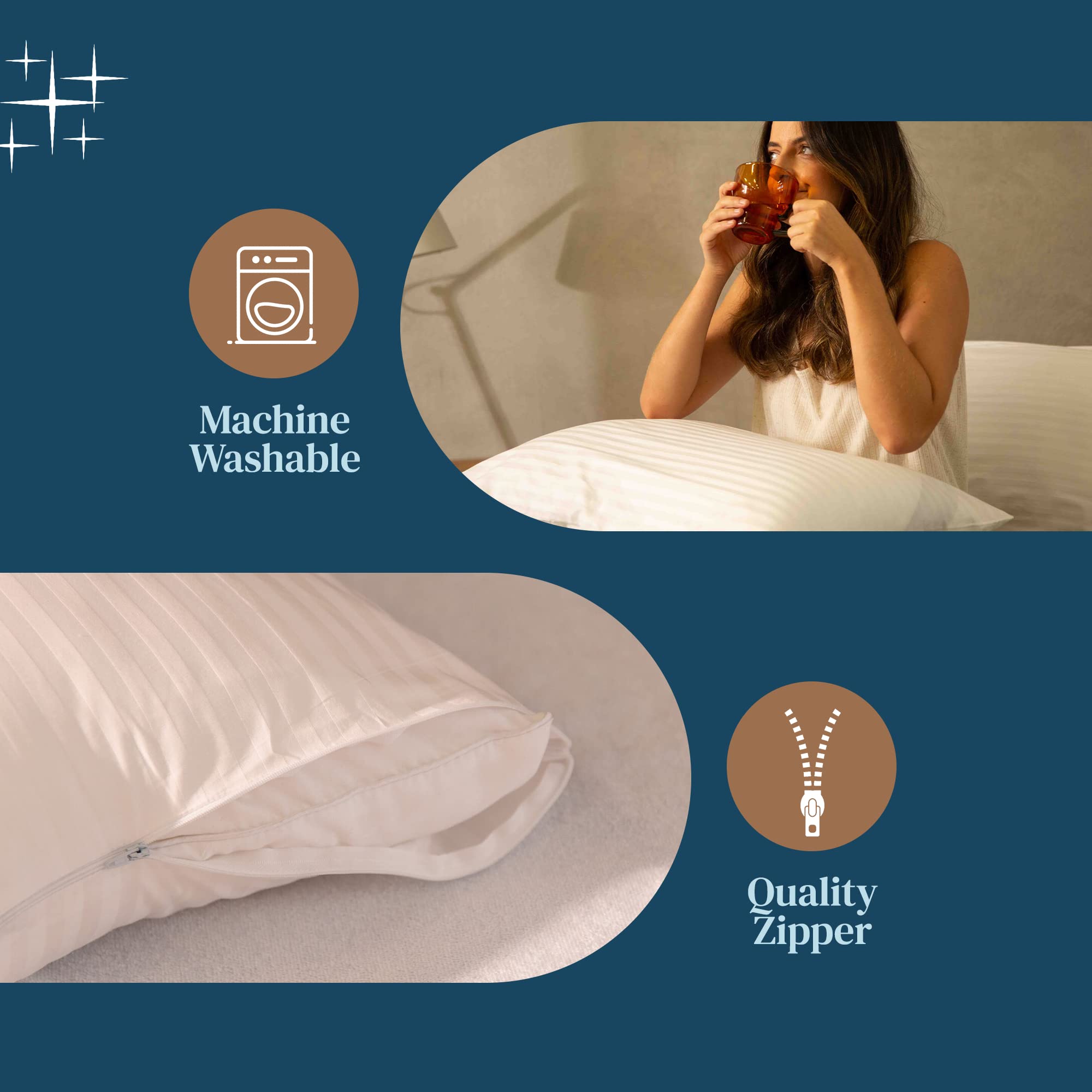 FeelAtHome 100% Cotton Zippered Pillowcase Cover Set - 30x20 Inches (4 Pack, Queen Size) - Waterproof, Noiseless Pillow Protector for Bed, Sofa & Travel - Hypoallergenic Queen Pillow Cover for Home & Hotel Use