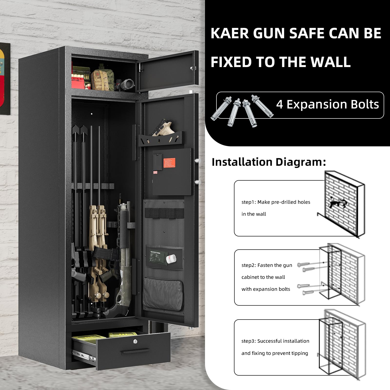 KAER 10-15 Gun Safe - Large Capacity Rifle & Pistol Safe with Handgun Rack, Rifle Rack & Drawer - Heavy Duty Gun Cabinet for Home Security (Unassembled) - Perfect for Shotgun Storage, Firearm Protection & Hunting Gear Organization