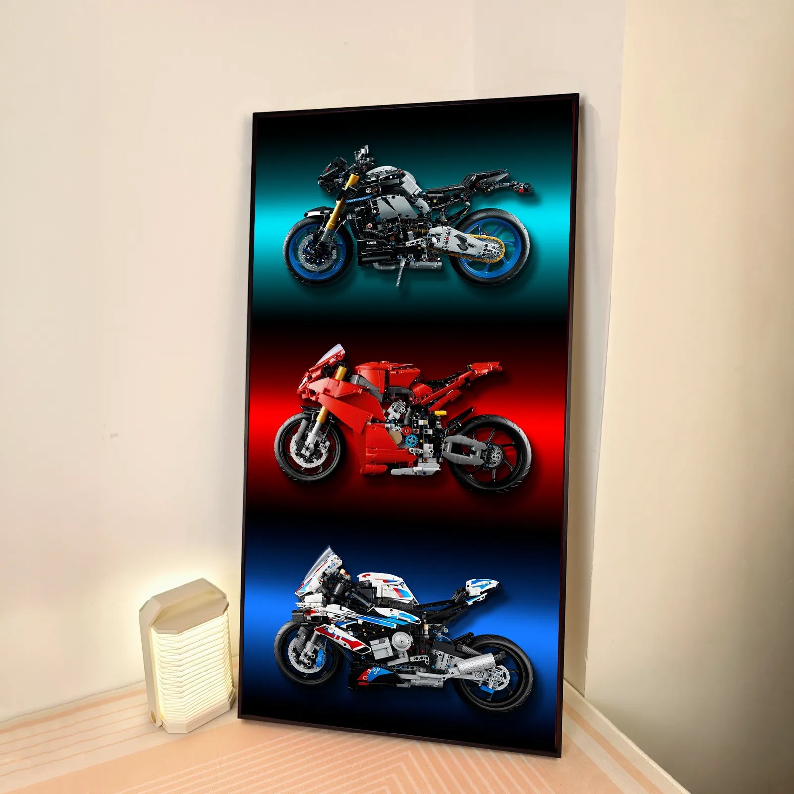 LEGO Motorcycle Display Stand for Yamaha 42159, Ducati 42202 & BMW 42130 - Wall Mount Frame for LEGO Technic Motorcycle Sets - Perfect for Showcasing Collections in Bedroom, Office or Game Room