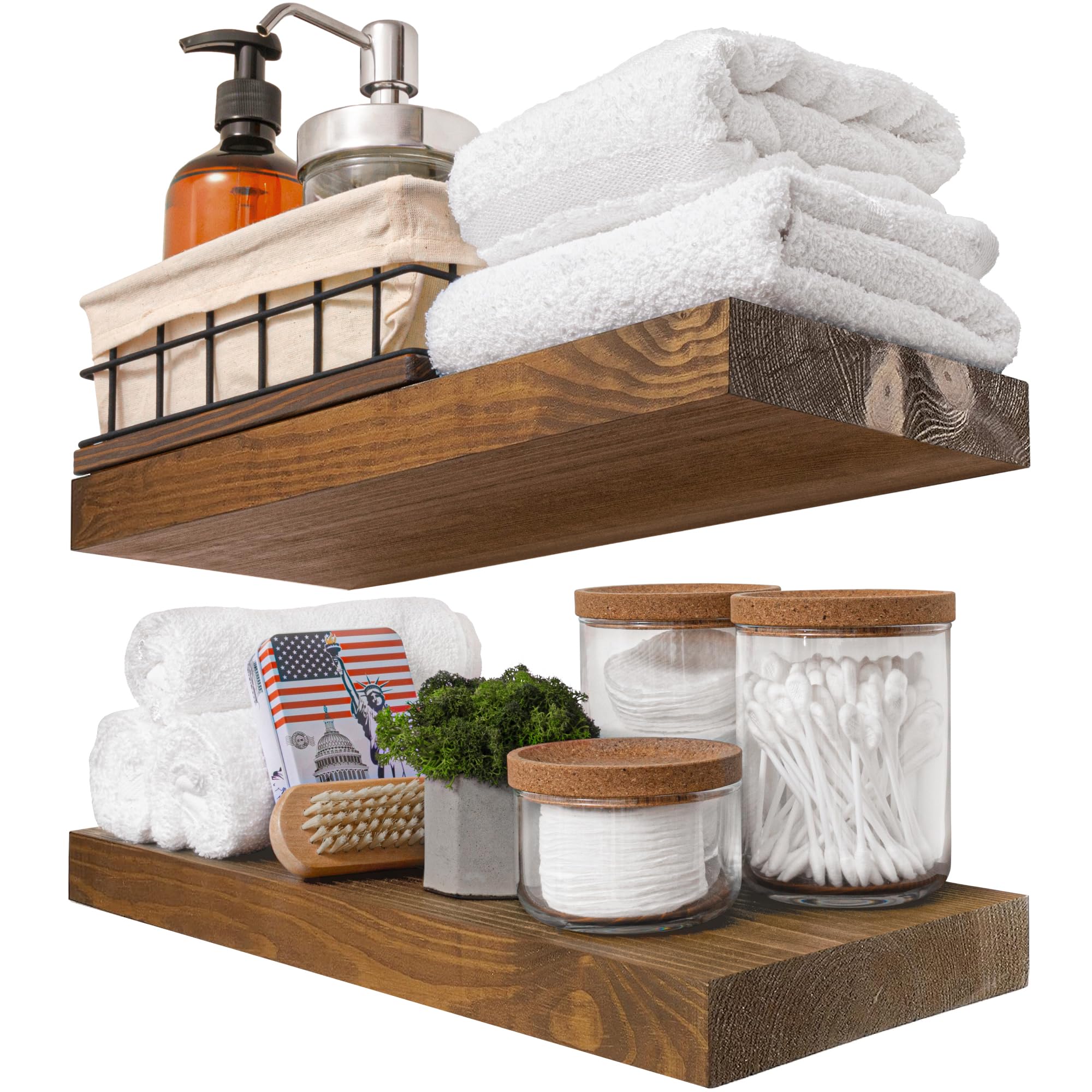 BAOBAB WORKSHOP 16 Inch Floating Shelves Set of 2 - Solid Walnut Wood Wall Shelves for Bathroom, Bedroom, Kitchen & Living Room - Rustic Home Decor (16 x 6.7 Inches) - Perfect for Displaying Plants, Books & Decorative Items