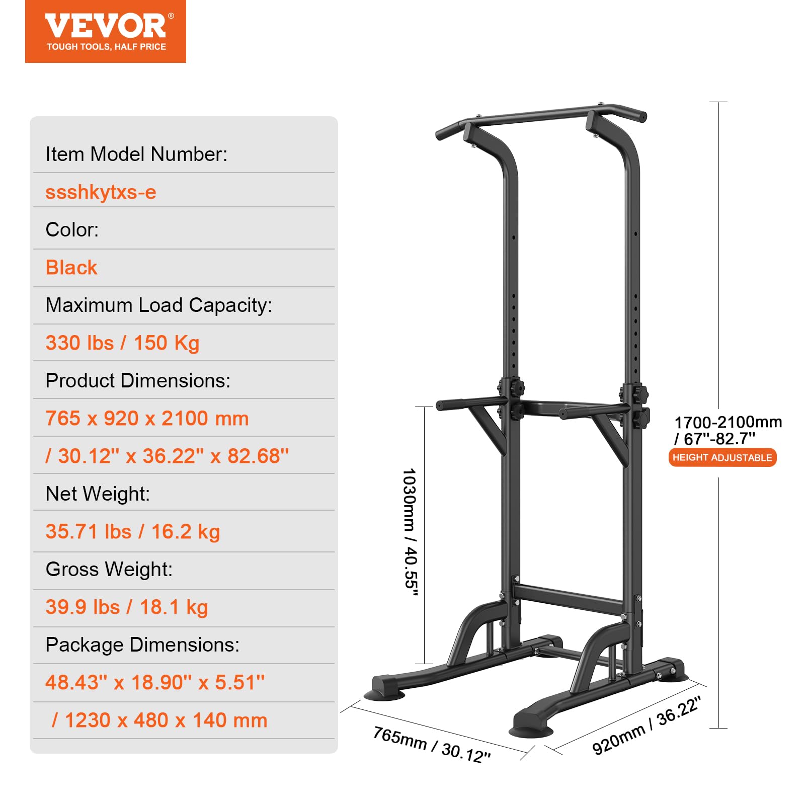 VEVOR Adjustable Power Tower Dip Station - 10-Level Pull-Up Bar Stand for Home Gym, Multi-Function Strength Training Equipment with 4 Suction Feet (330 lbs Capacity) - Perfect for Full-Body Workouts & Home Fitness Training