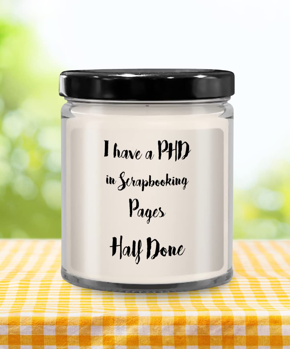 PhD in Scrapbooking Scented Candle Gift - 9oz Vanilla Jar Candle with Lid for Men & Women - Perfect for Relaxation, Crafting & Home Decor