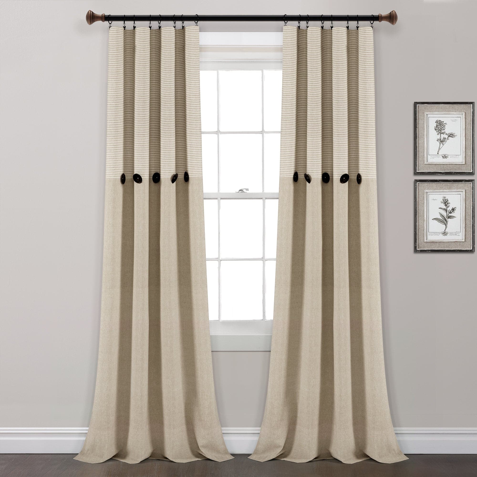 Farmhouse Style Button Stripe Yarn Dyed Woven Cotton Blend Curtain Panel Set - Light Filtering Window Treatments for Living Room, Bedroom & Dining Room