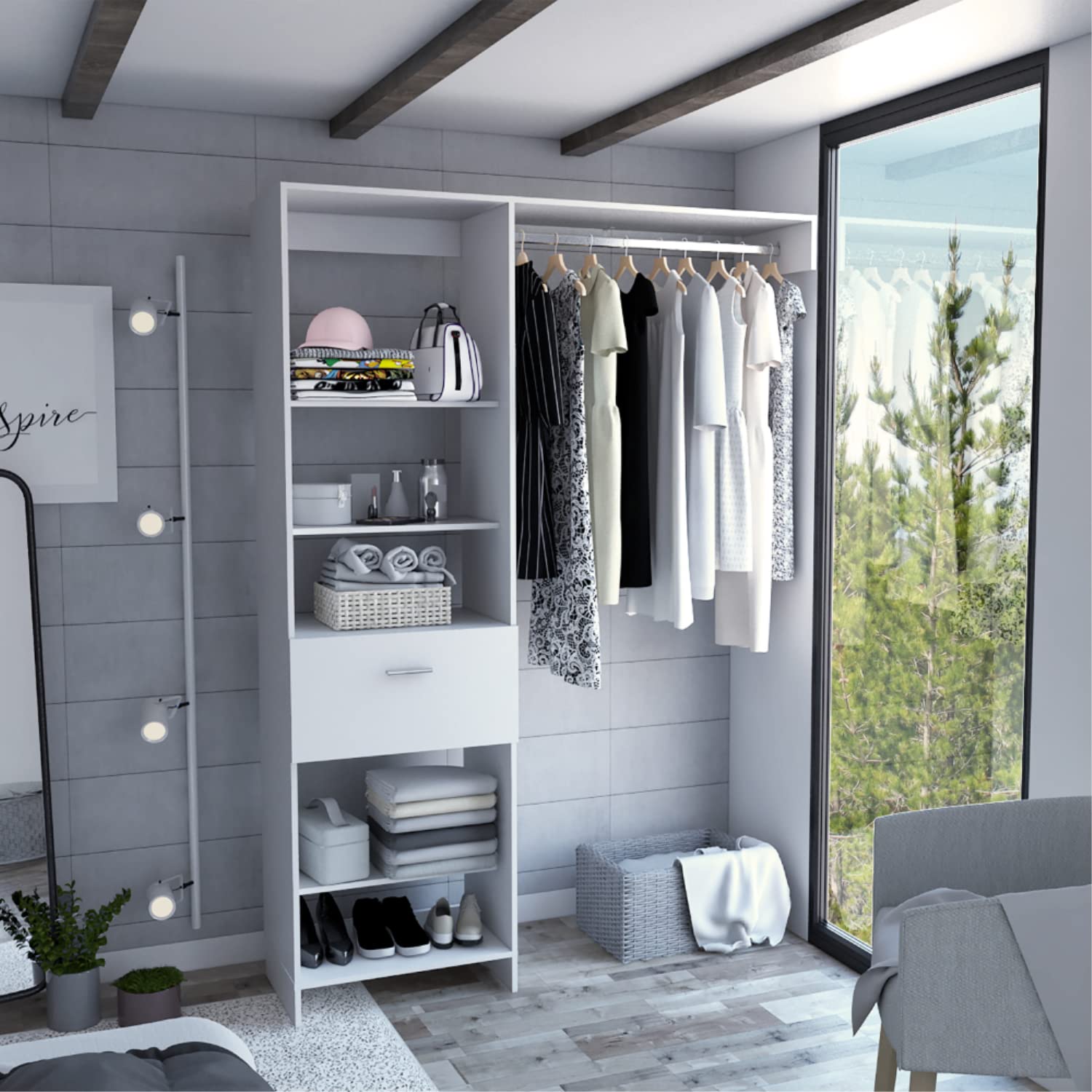 Dynamic 150 Closet Organizer System with 5 Open Shelves, 1 Drawer & Metal Clothes Rod - White | Space-Saving Storage Solution for Bedroom, Walk-In Closet or Laundry Room