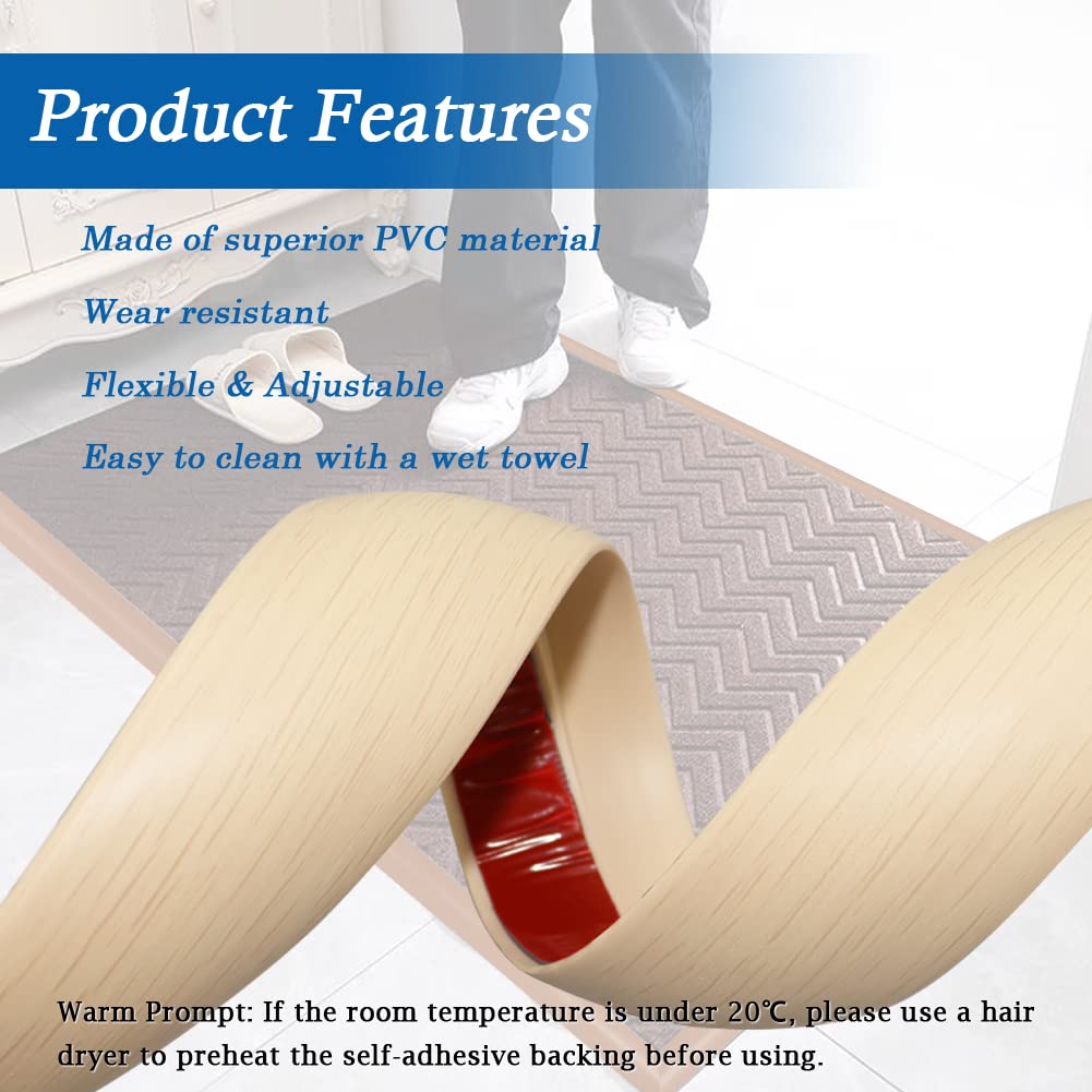 Self-Adhesive PVC Floor Transition Strip - Wood Grain Beige (3.3Ft) for Carpet & Hard Flooring - Smooth Threshold Edging for Gaps Under 5mm - Perfect for Doorways, Hallways & Room Dividers