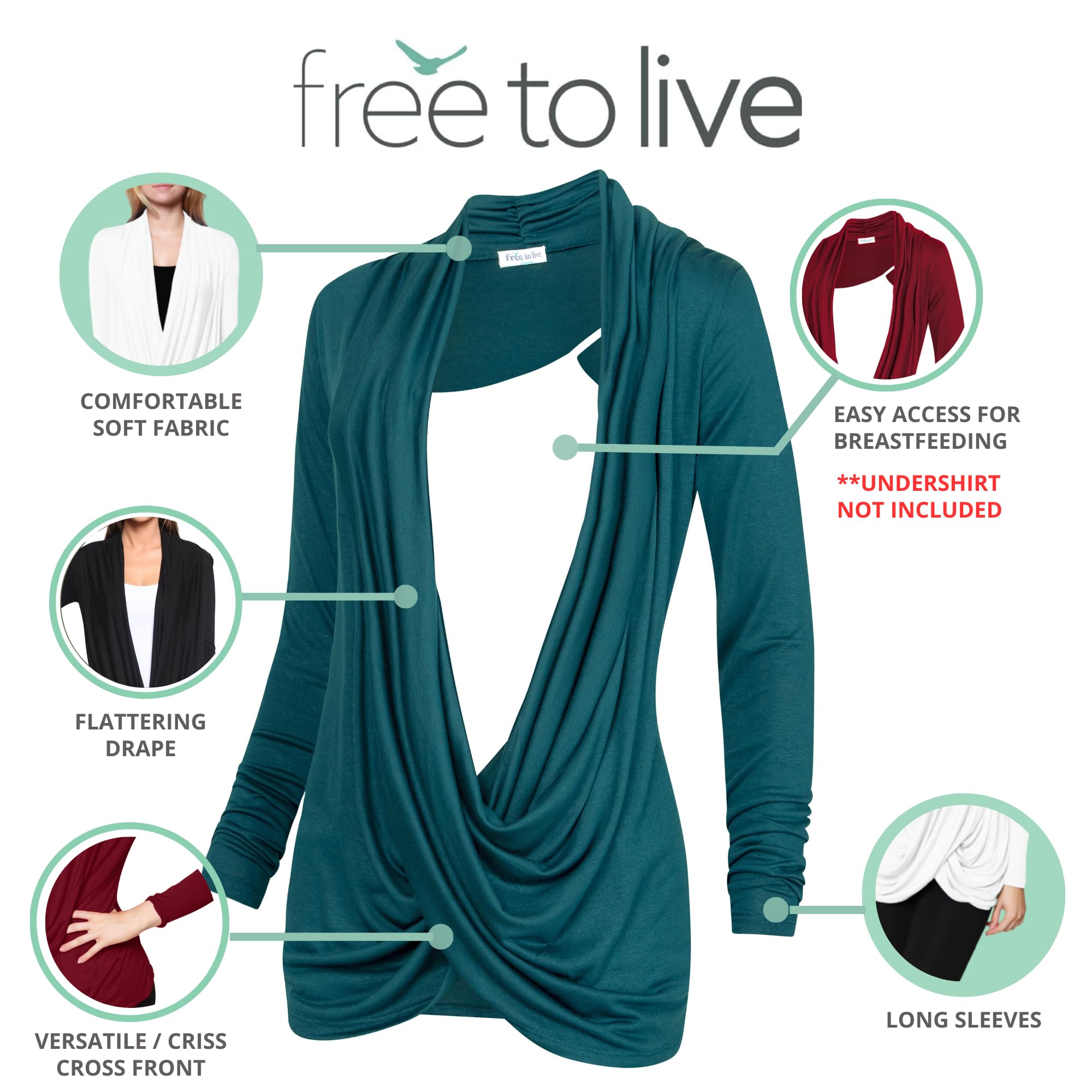 Free to Live Women's 3 Pack Lightweight Long Sleeve Knitted Cardigan - Criss Cross Pullover Nursing Tops in X-Large (Teal, Wine, White) | Perfect for Breastfeeding Moms, Layering in Fall/Winter & Casual Outfits